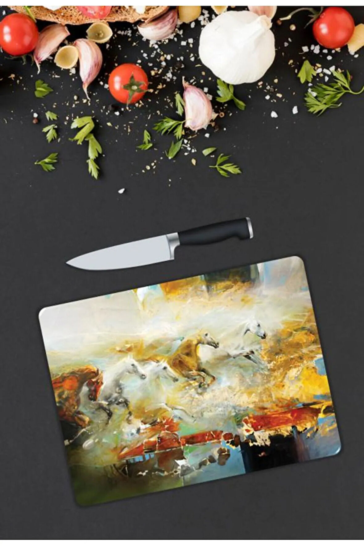 At Desen Cam Kesme Tablası | Hediyelik, Dekoratif, Ofis, Mutfak