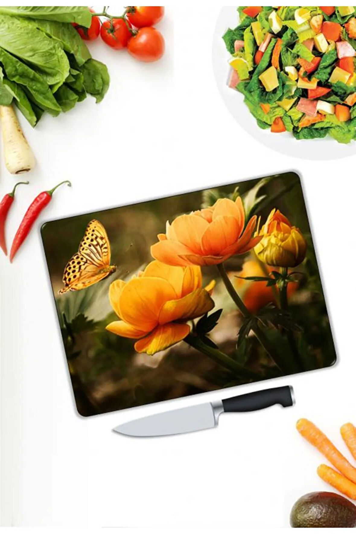 Çiçek Desen Cam Kesme Tablası | Hediyelik, Dekoratif, Ofis, Mutfak