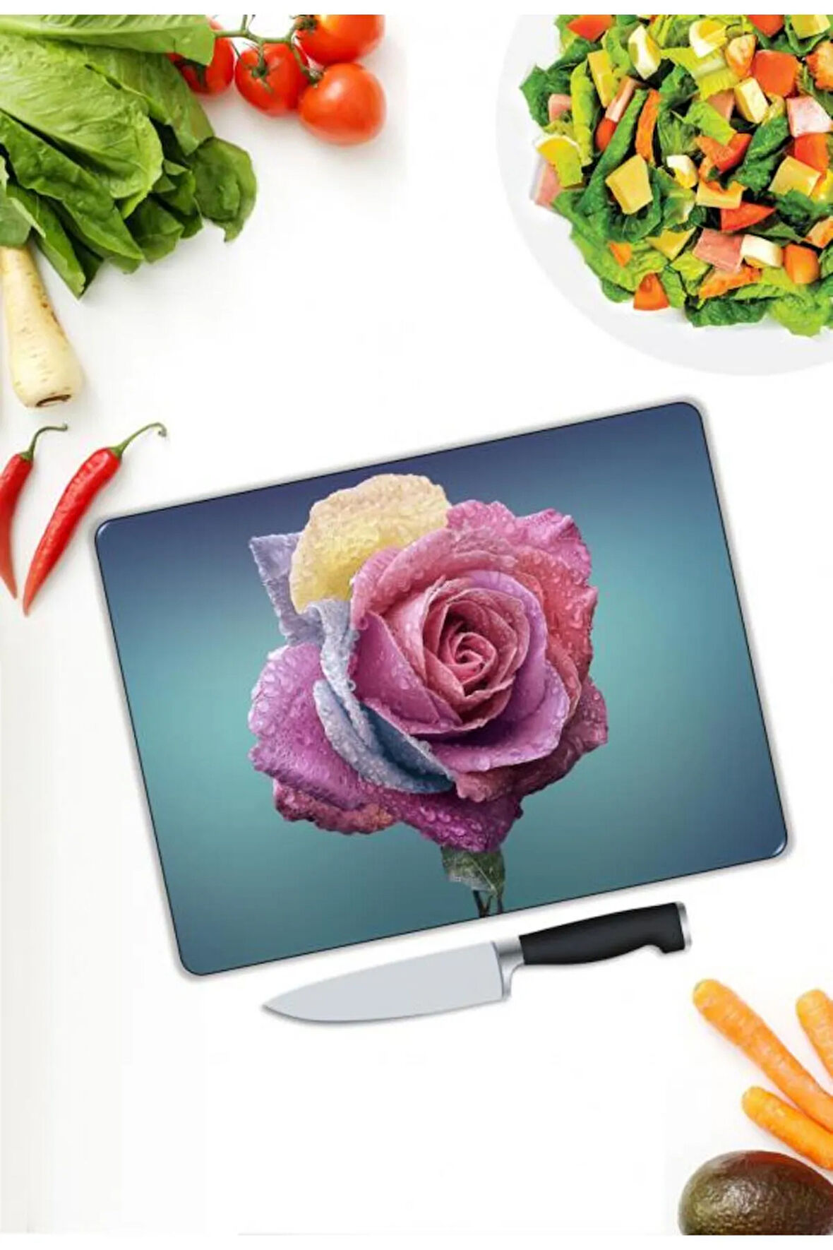 Çiçek Desen Cam Kesme Tablası | Hediyelik, Dekoratif, Ofis, Mutfak