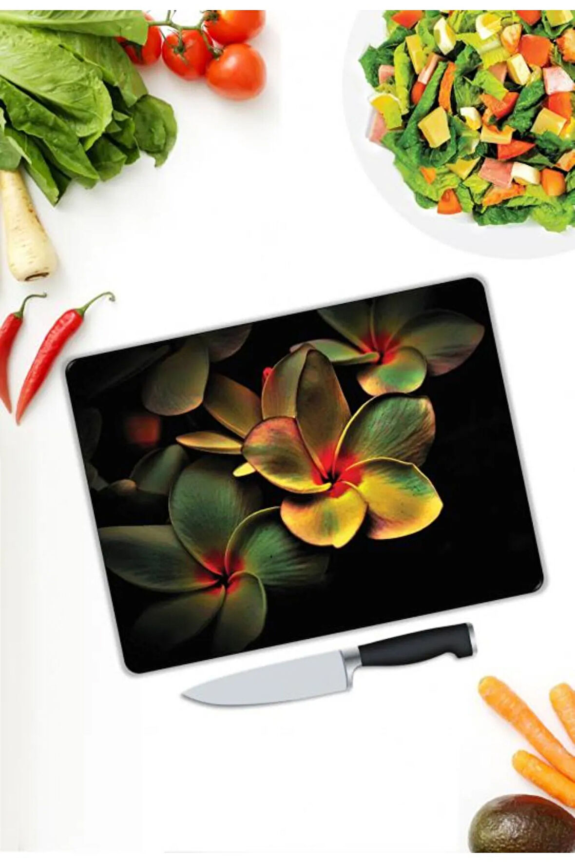 Çiçek Desen Cam Kesme Tablası | Hediyelik, Dekoratif, Ofis, Mutfak