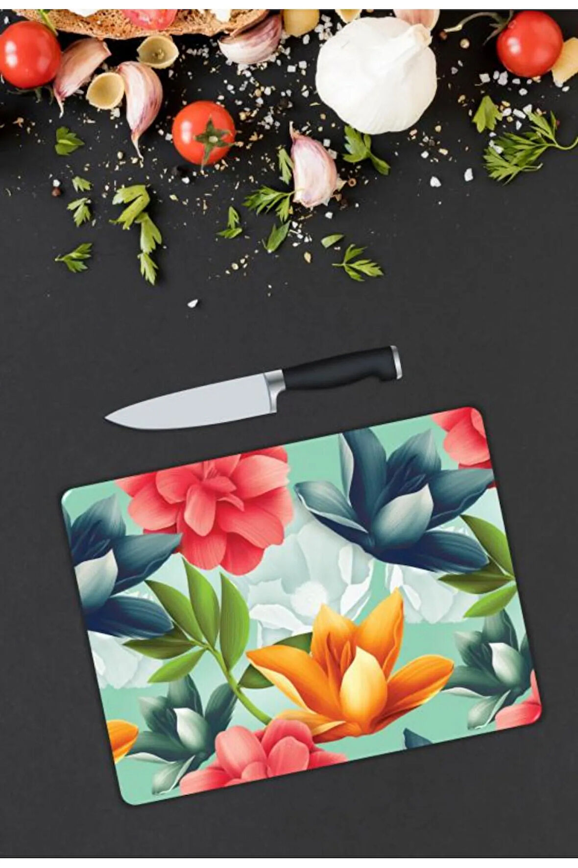 Çiçek Desen Cam Kesme Tablası | Hediyelik, Dekoratif, Ofis, Mutfak