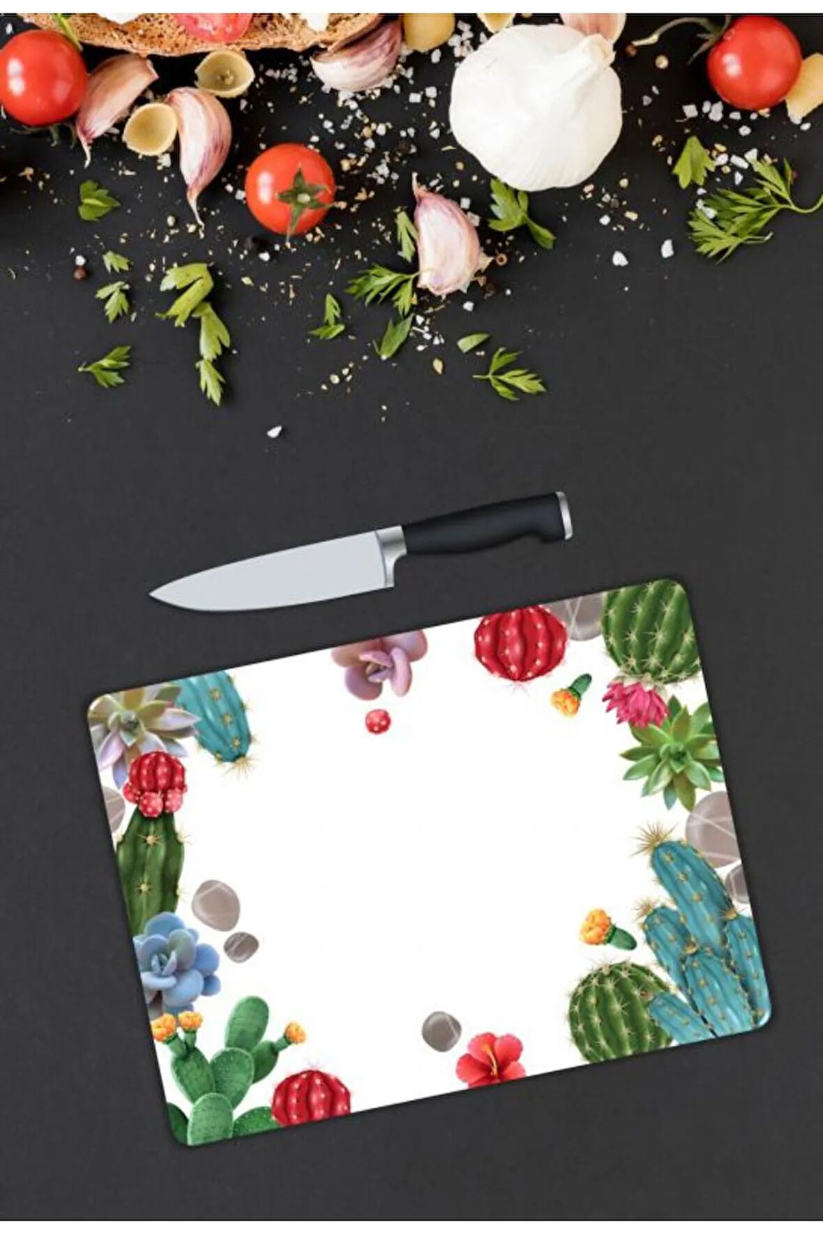 Kaktüs Desen Cam Kesme Tablası | Hediyelik, Dekoratif, Ofis, Mutfak