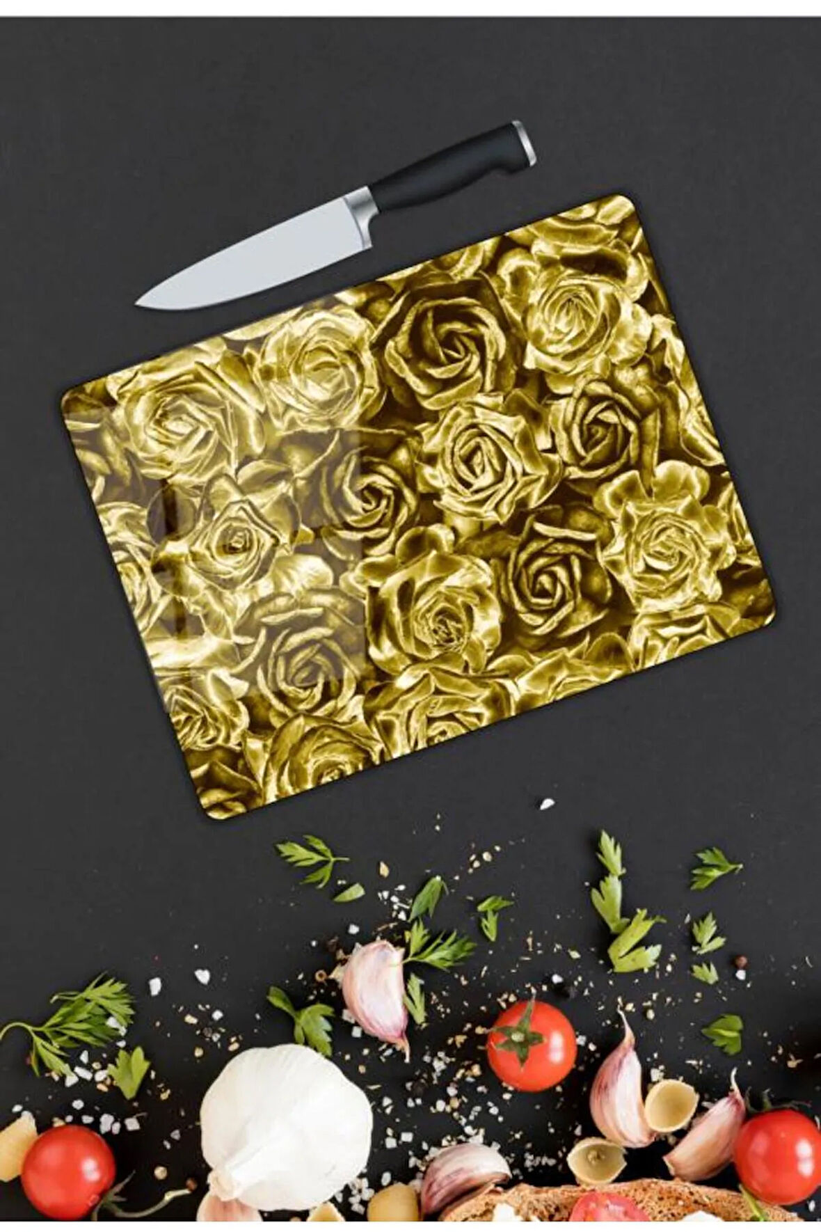 Altın Güller Desen Cam Kesme Tablası | Hediyelik, Dekoratif, Ofis, Mutfak