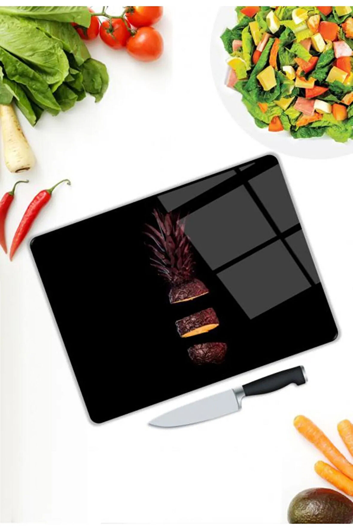 Ananas Desen Cam Kesme Tablası | Hediyelik, Dekoratif, Ofis, Mutfak