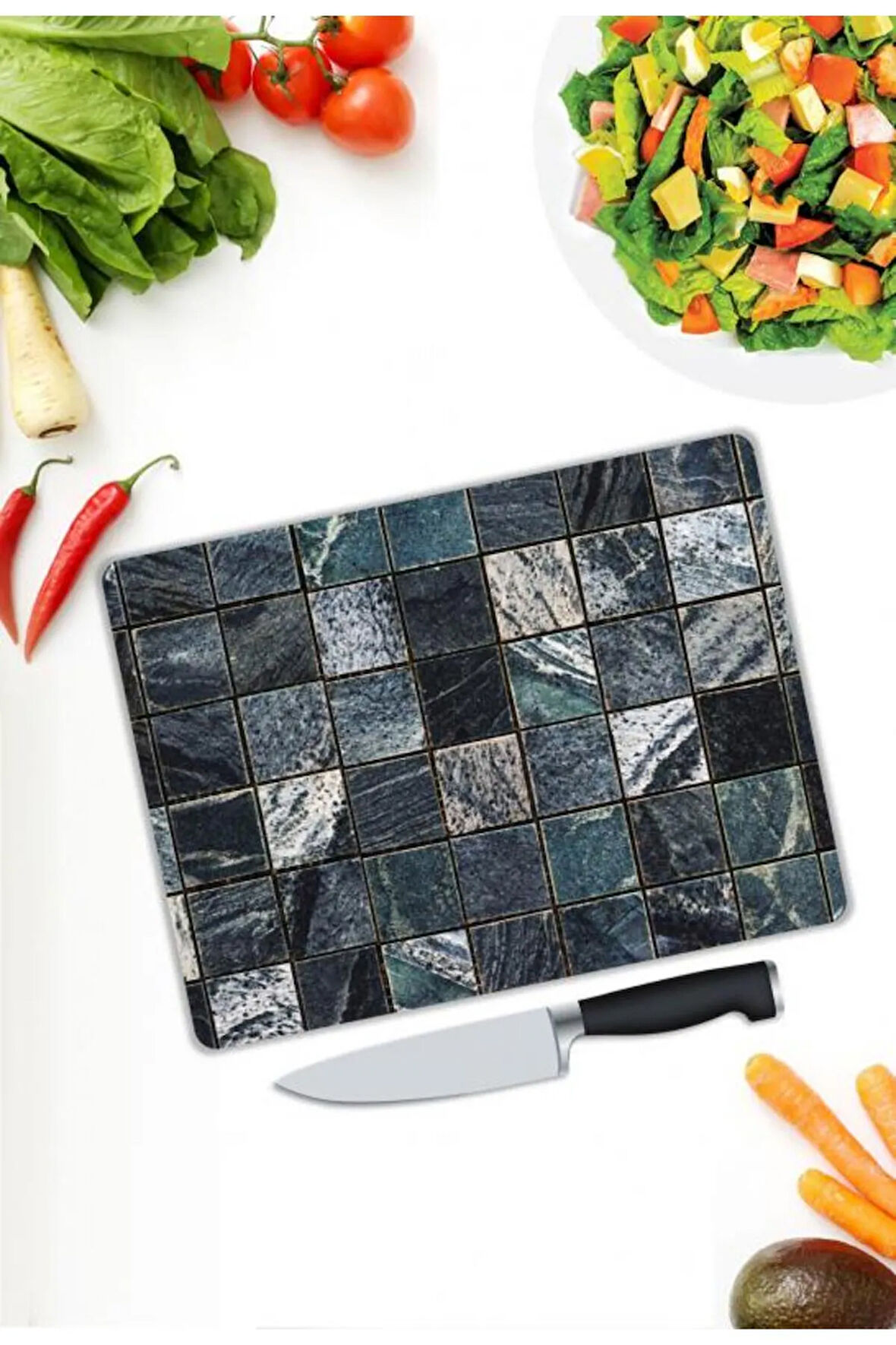 Kare Desen Cam Kesme Tablası | Hediyelik, Dekoratif, Ofis, Mutfak