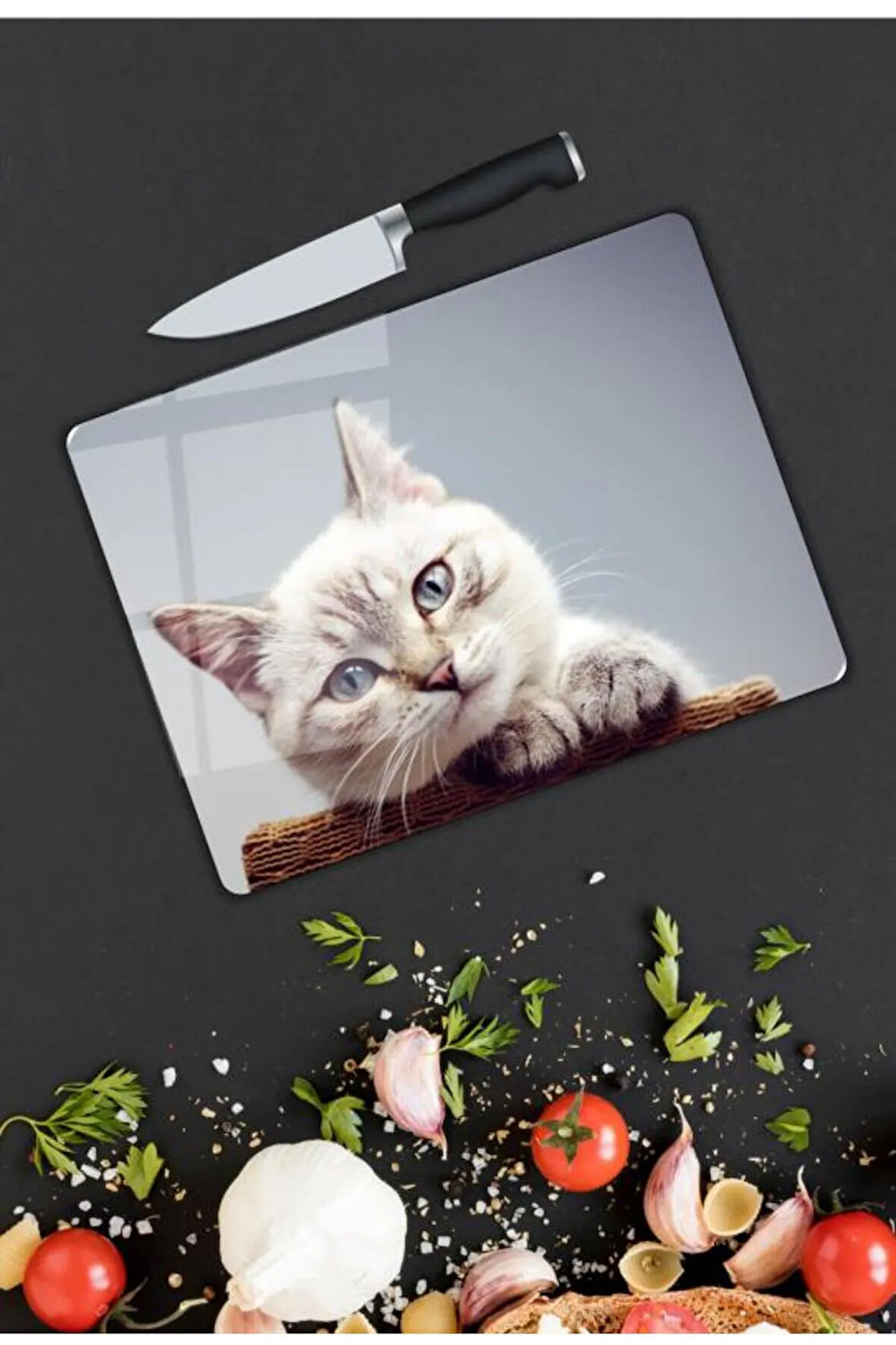 Kedi Desen Cam Kesme Tablası | Hediyelik, Dekoratif, Ofis, Mutfak