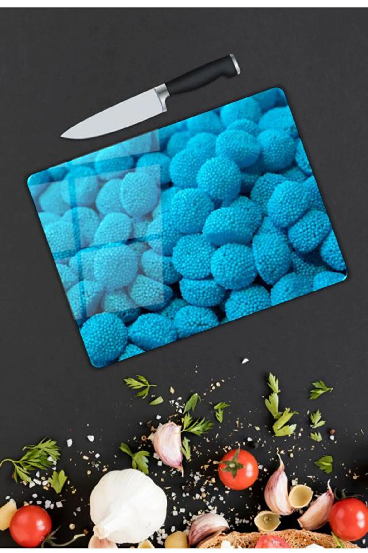 Mavi Şeker Desen Cam Kesme Tablası | Hediyelik, Dekoratif, Ofis, Mutfak