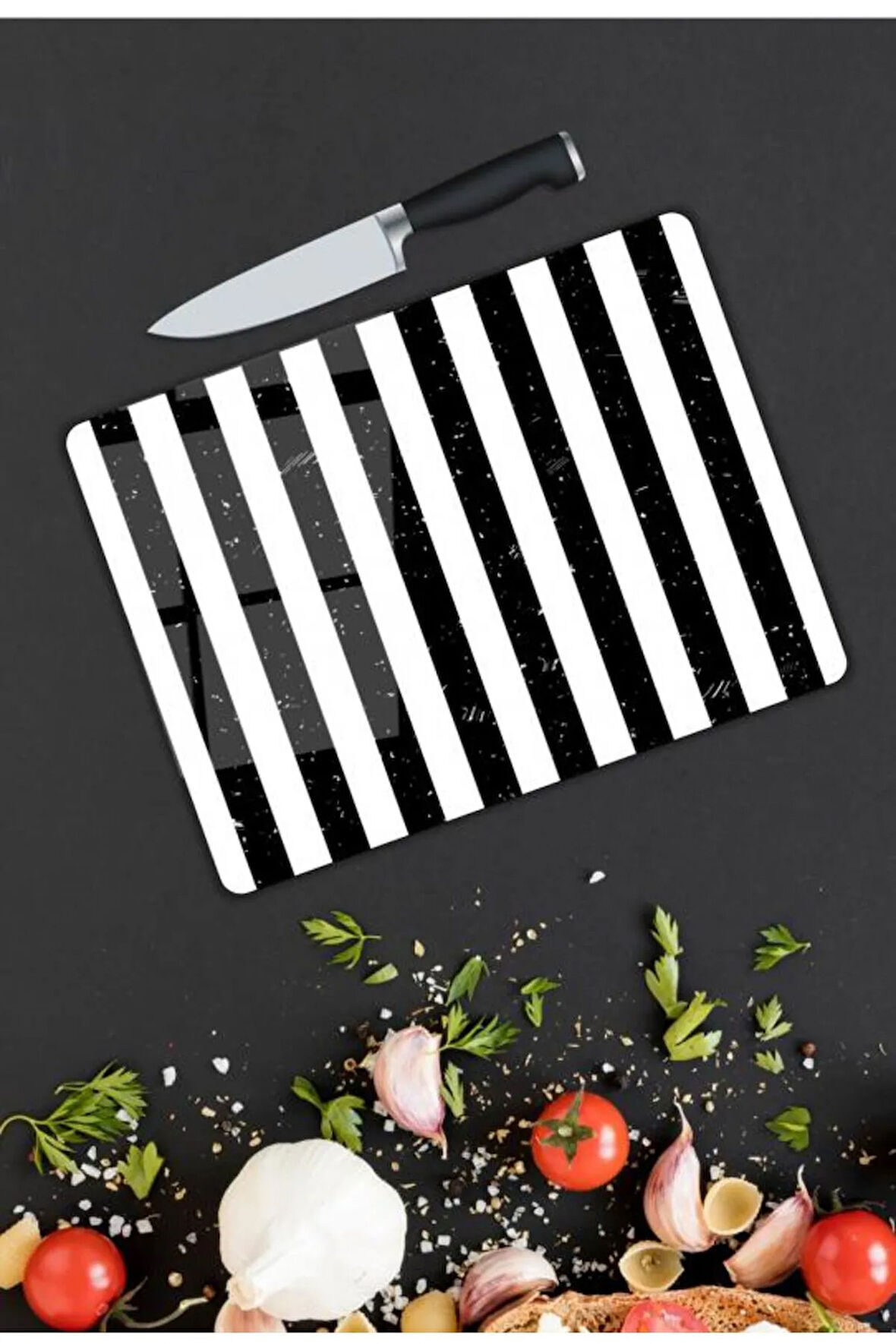 Siyah Beyaz Şerit Desen Cam Kesme Tablası | Hediyelik, Dekoratif, Ofis, Mutfak