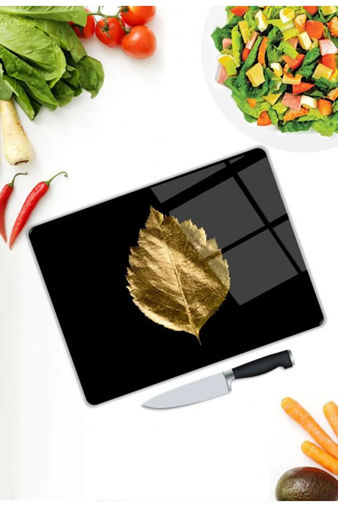 Gold Yaprak Desen Cam Kesme Tablası | Hediyelik, Dekoratif, Ofis, Mutfak