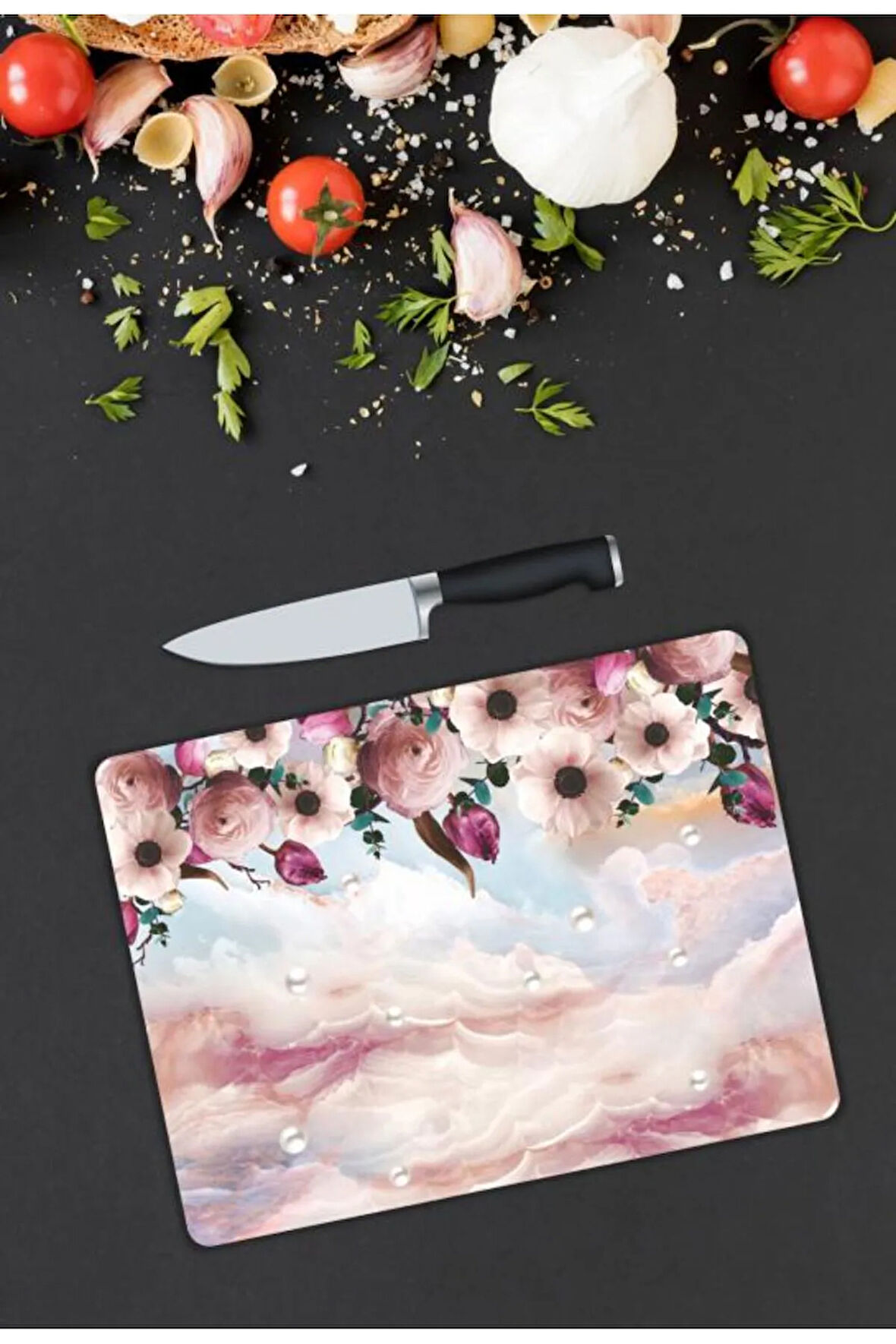 Çiçek Desen Cam Kesme Tablası | Hediyelik, Dekoratif, Ofis, Mutfak