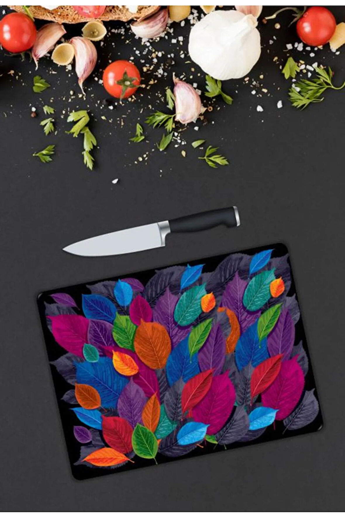 Renkli Yapraklar Desen Cam Kesme Tablası | Hediyelik, Dekoratif, Ofis, Mutfak