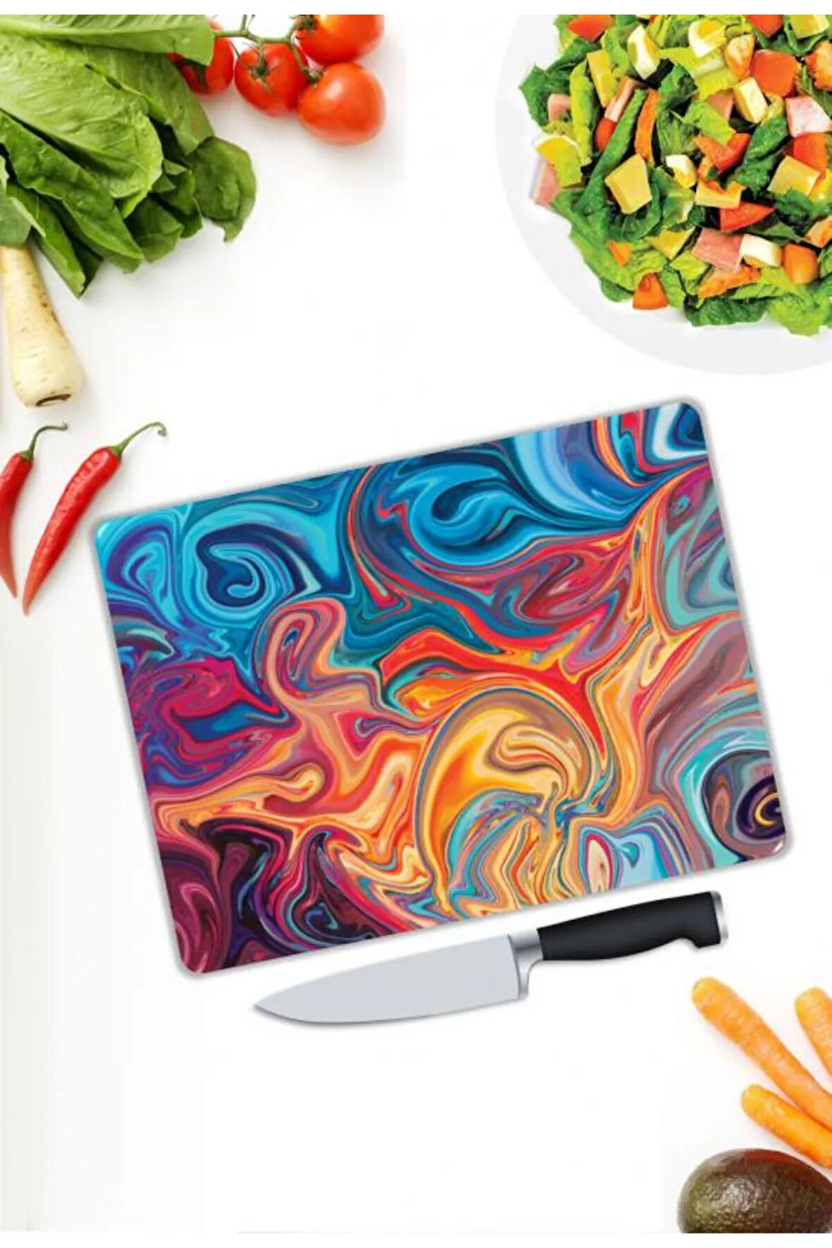 Renkli Desen Cam Kesme Tablası | Hediyelik, Dekoratif, Ofis, Mutfak