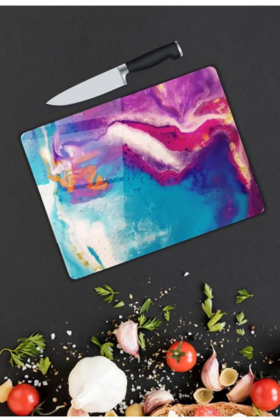 Renkli Desen Cam Kesme Tablası | Hediyelik, Dekoratif, Ofis, Mutfak