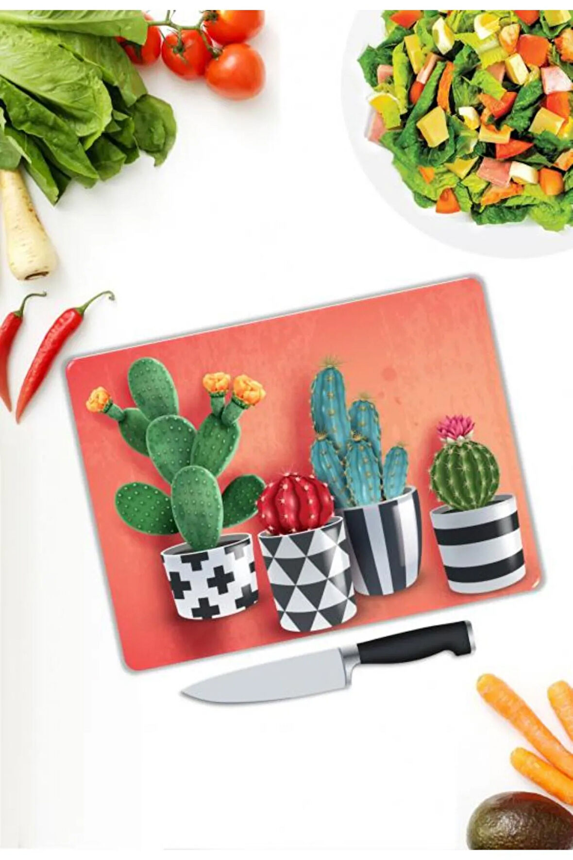 Kaktüs Desen Cam Kesme Tablası | Hediyelik, Dekoratif, Ofis, Mutfak