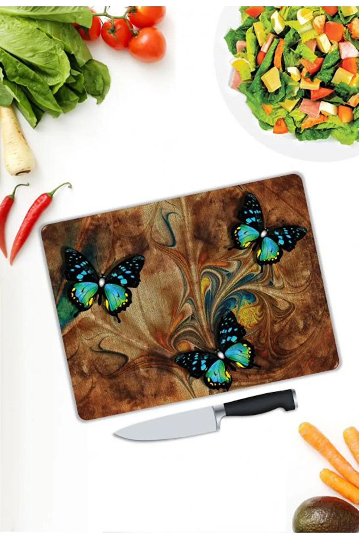 Kelebek Desen Cam Kesme Tablası | Hediyelik, Dekoratif, Ofis, Mutfak