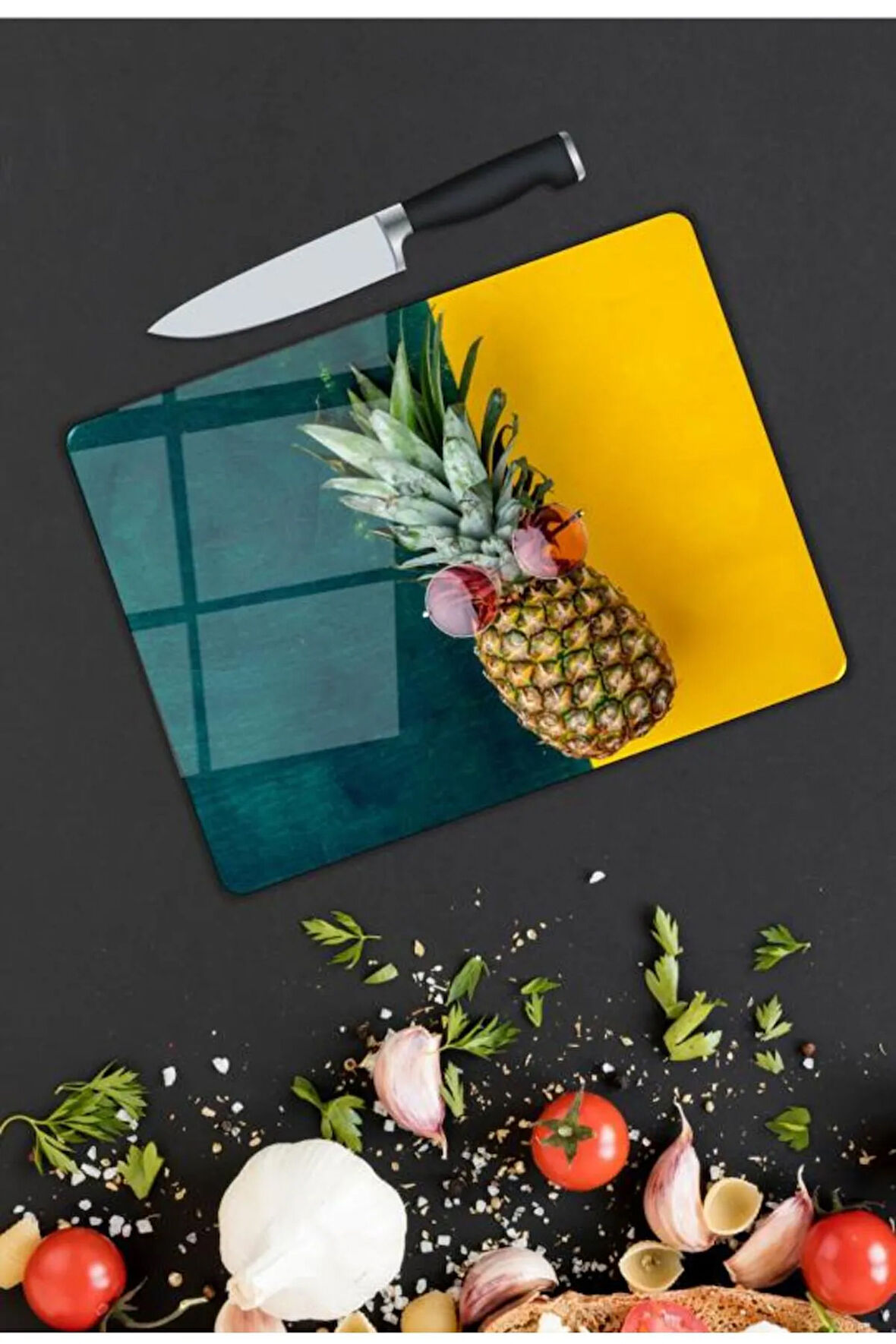 Ananas Desen Cam Kesme Tablası | Hediyelik, Dekoratif, Ofis, Mutfak
