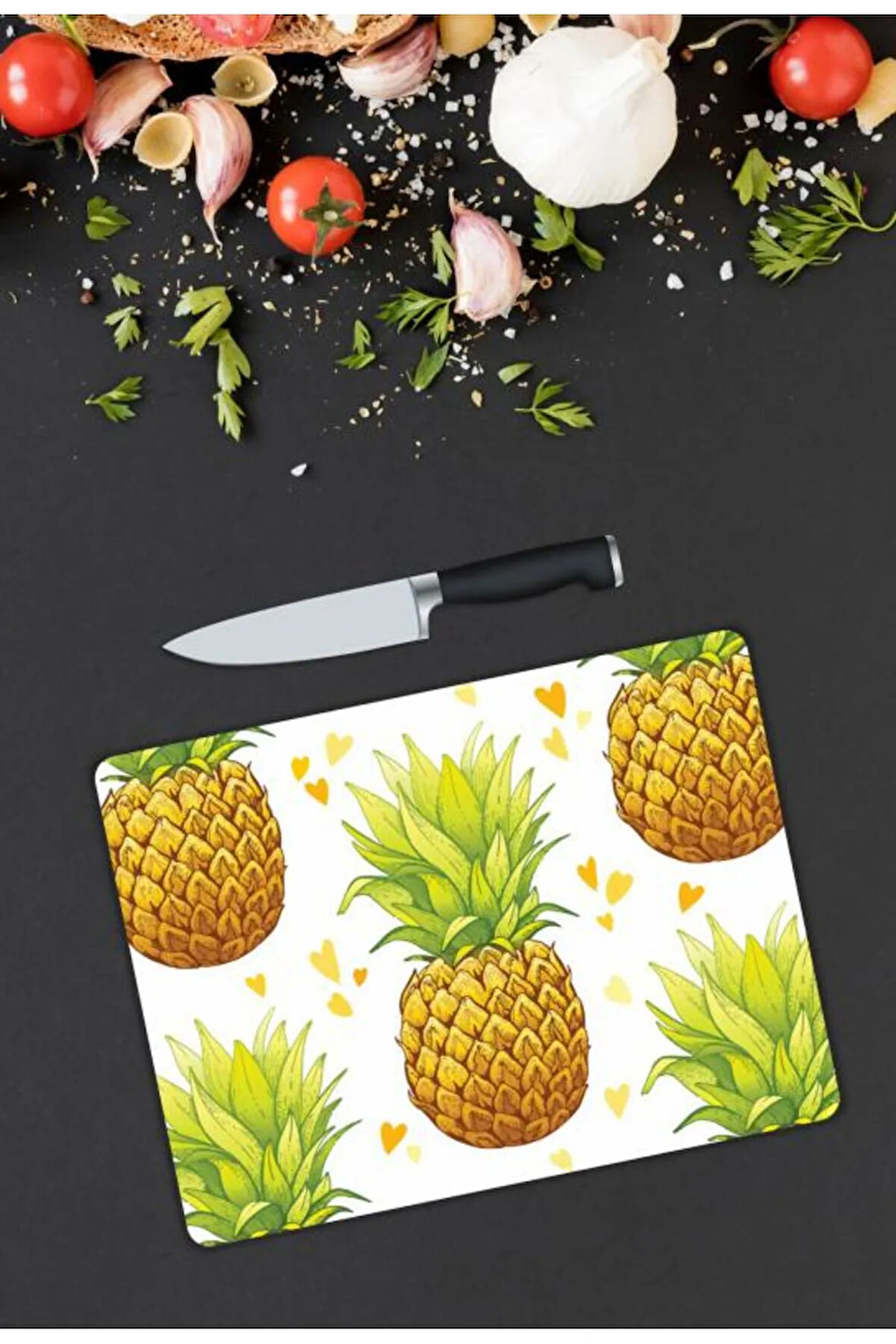 Ananas Desenli Cam Kesme Tablası | Hediyelik, Dekoratif, Ofis, Mutfak