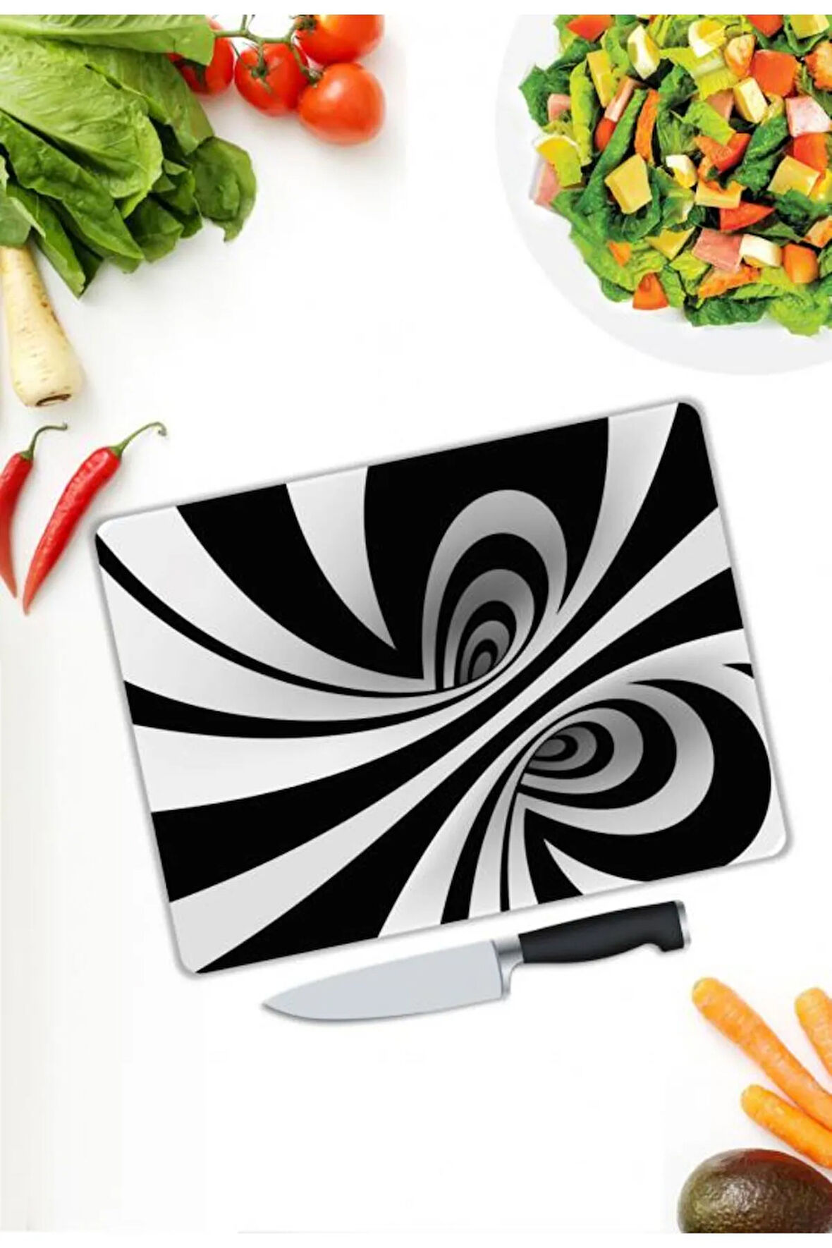 Siyah&amp;Beyaz Desen Cam Kesme Tablası | Hediyelik, Dekoratif, Ofis, Mutfak