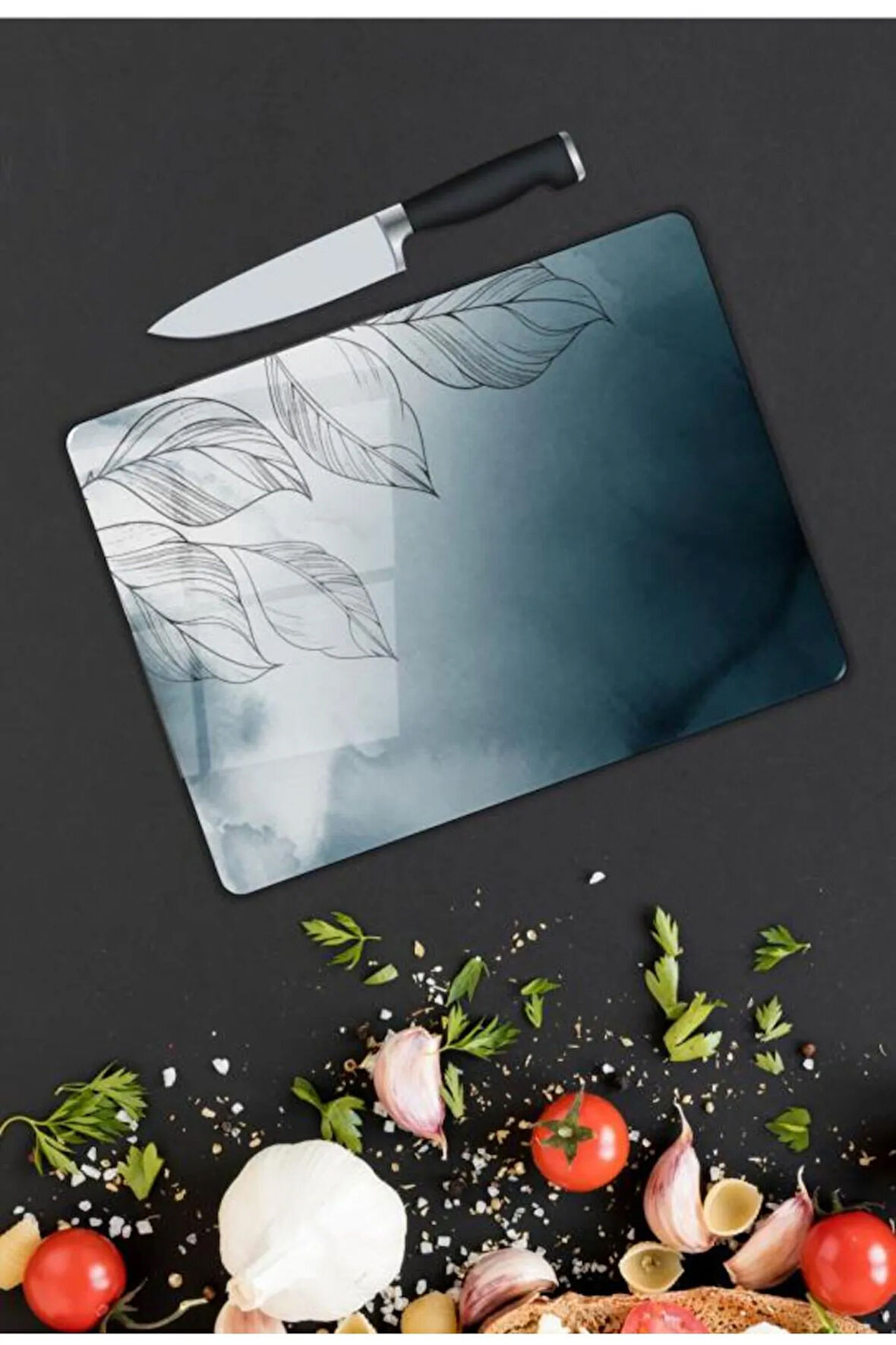 Yaprak Desen Cam Kesme Tablası | Hediyelik, Dekoratif, Ofis, Mutfak