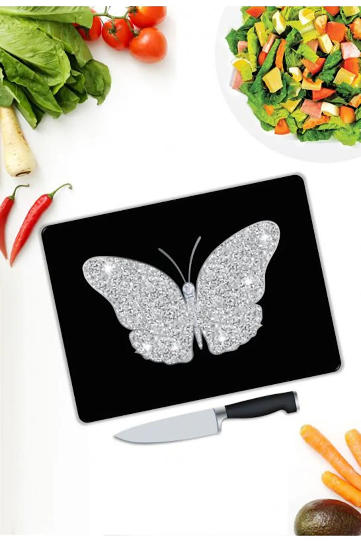 Kelebek Desen Cam Kesme Tablası | Hediyelik, Dekoratif, Ofis, Mutfak