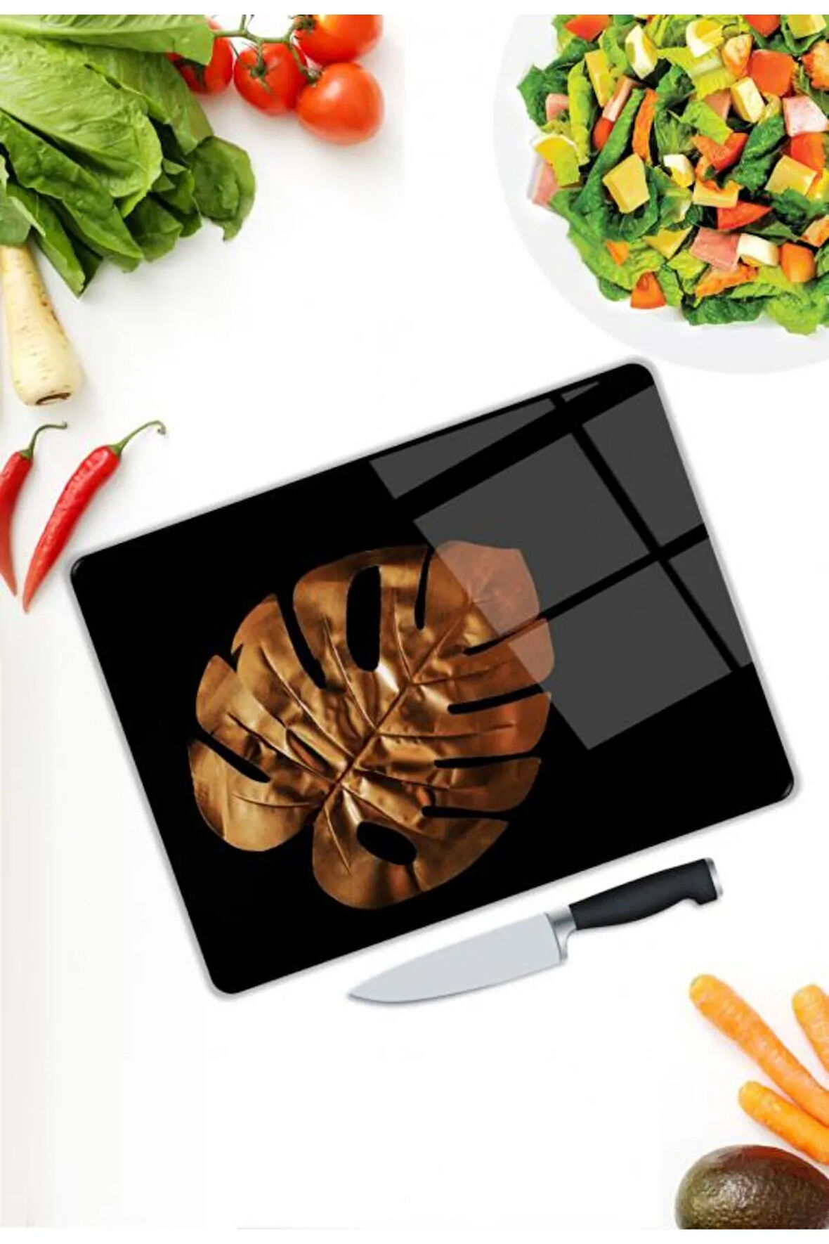 Yaprak Desen Cam Kesme Tablası | Hediyelik, Dekoratif, Ofis, Mutfak