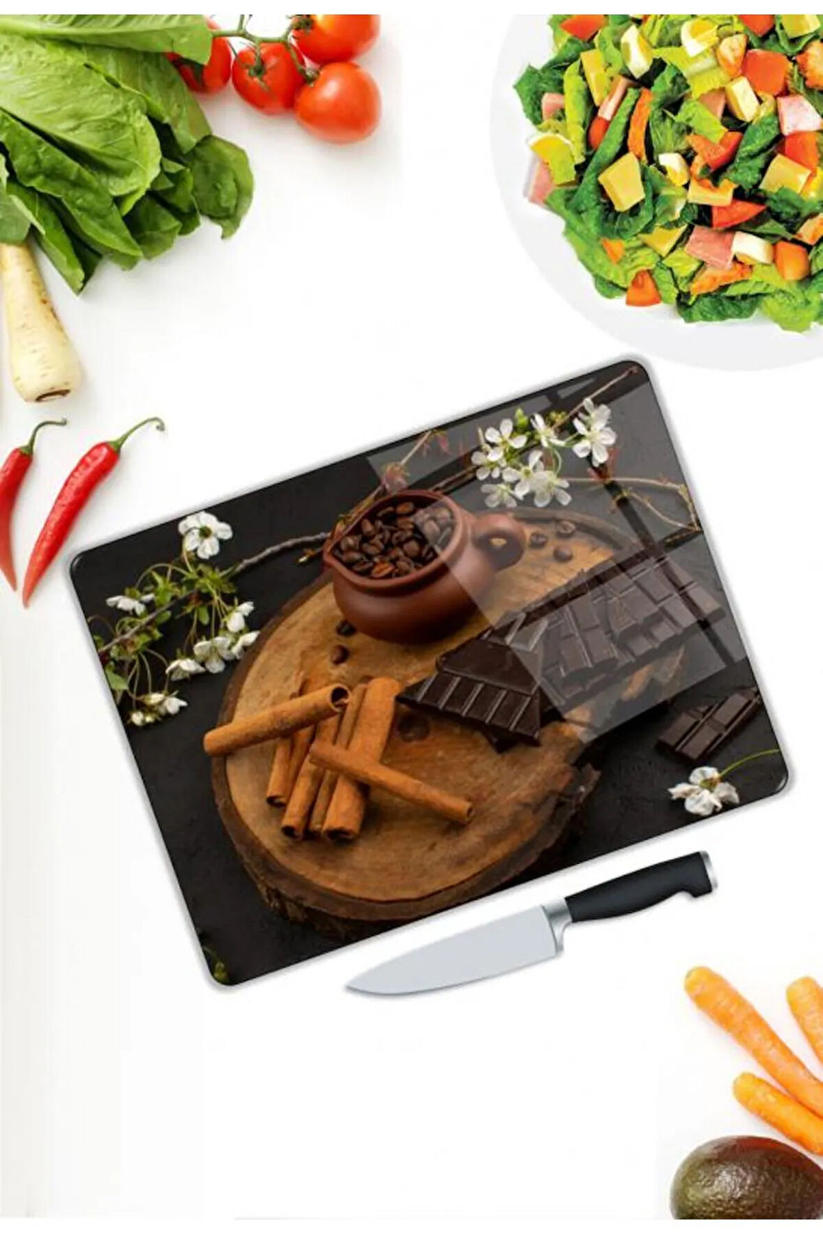 Tarçın Desen Cam Kesme Tablası | Hediyelik, Dekoratif, Ofis, Mutfak