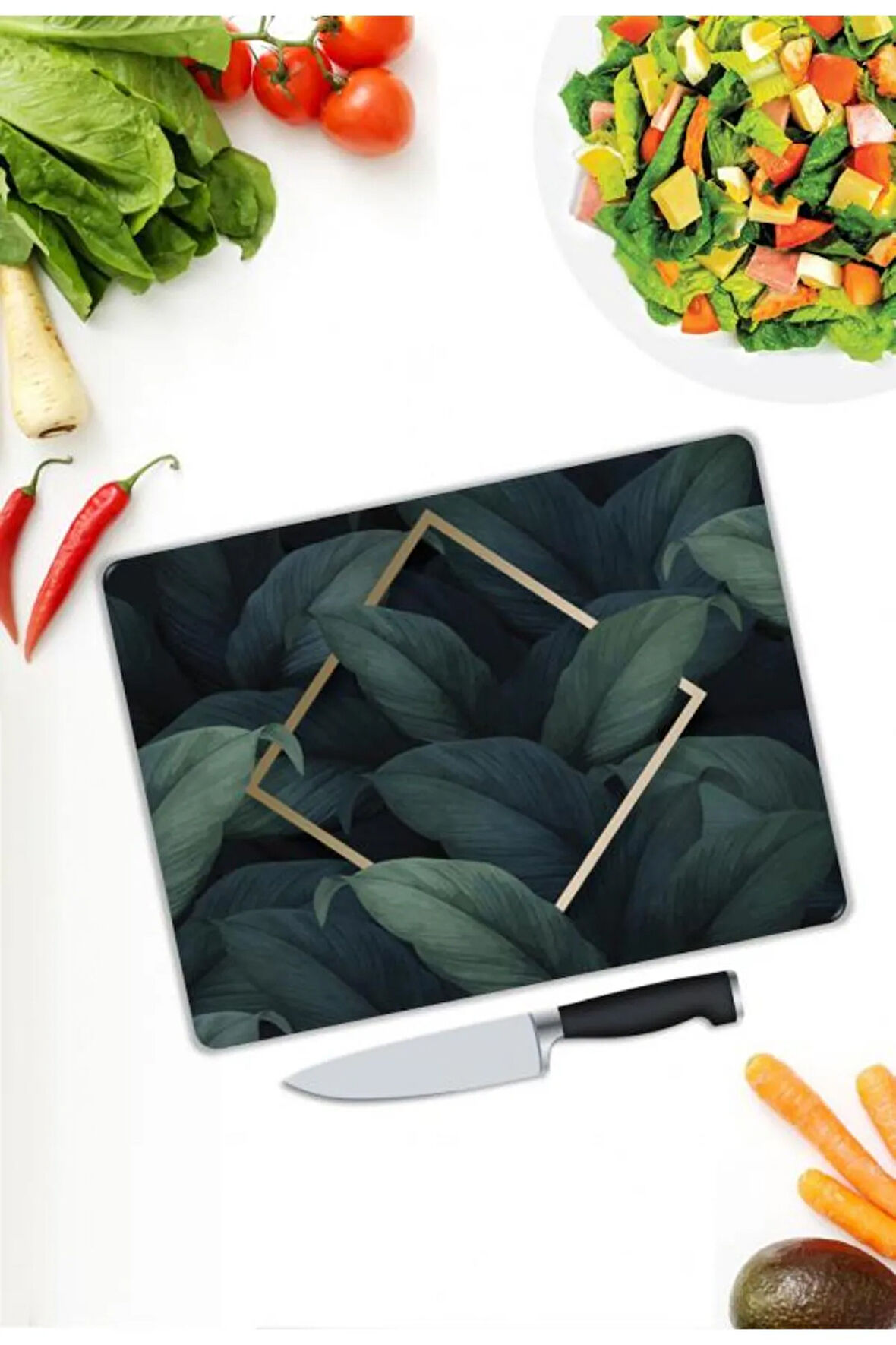 Yaprak Desen Cam Kesme Tablası | Hediyelik, Dekoratif, Ofis, Mutfak