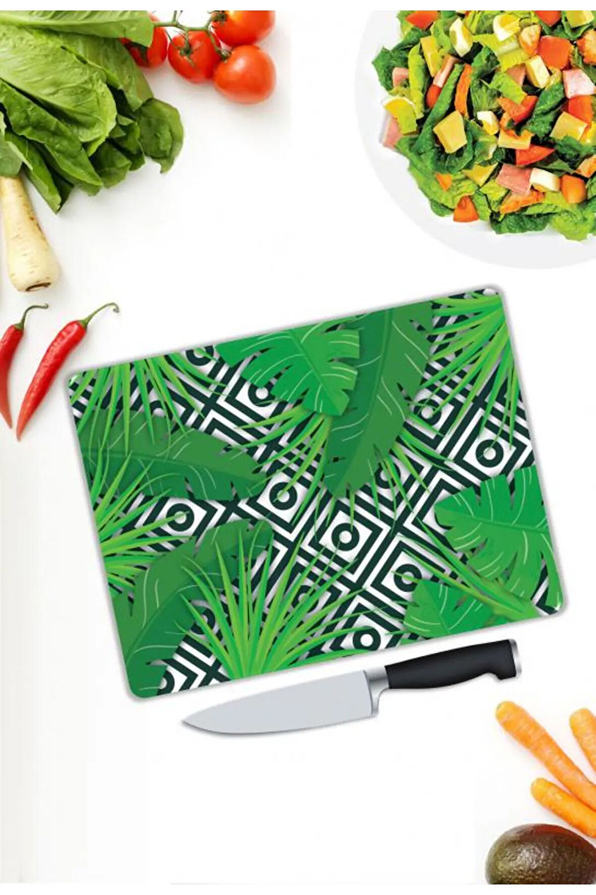 Yaprak Desenli Cam Kesme Tablası | Hediyelik, Dekoratif, Ofis, Mutfak