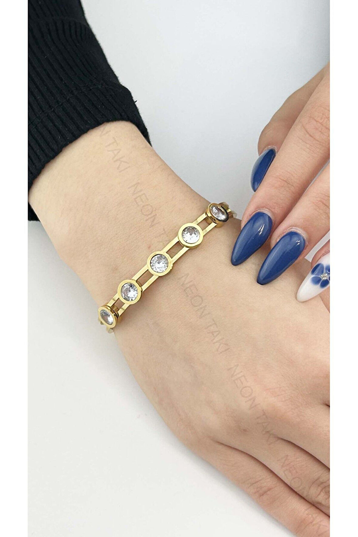 Zirkon Taşlı, Paslanmaz Çelik Kelepçe Bileklik 118, Altın Renk