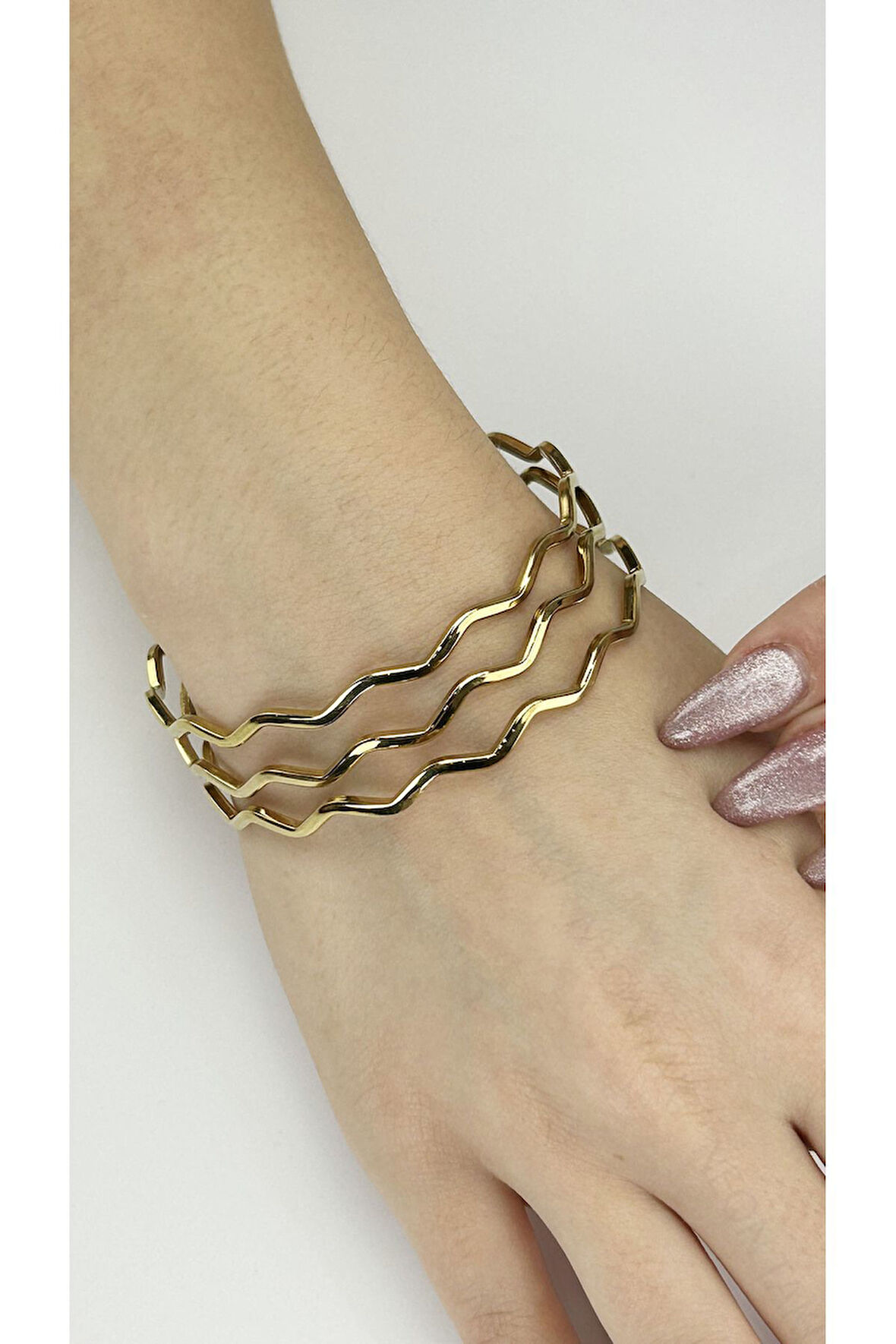 Ajda Bilezik, 3adet, Kare Zik Zak form, Paslanmaz Charm Taşıyıcı Bileklik 161, Çap 60mm, Altın renk