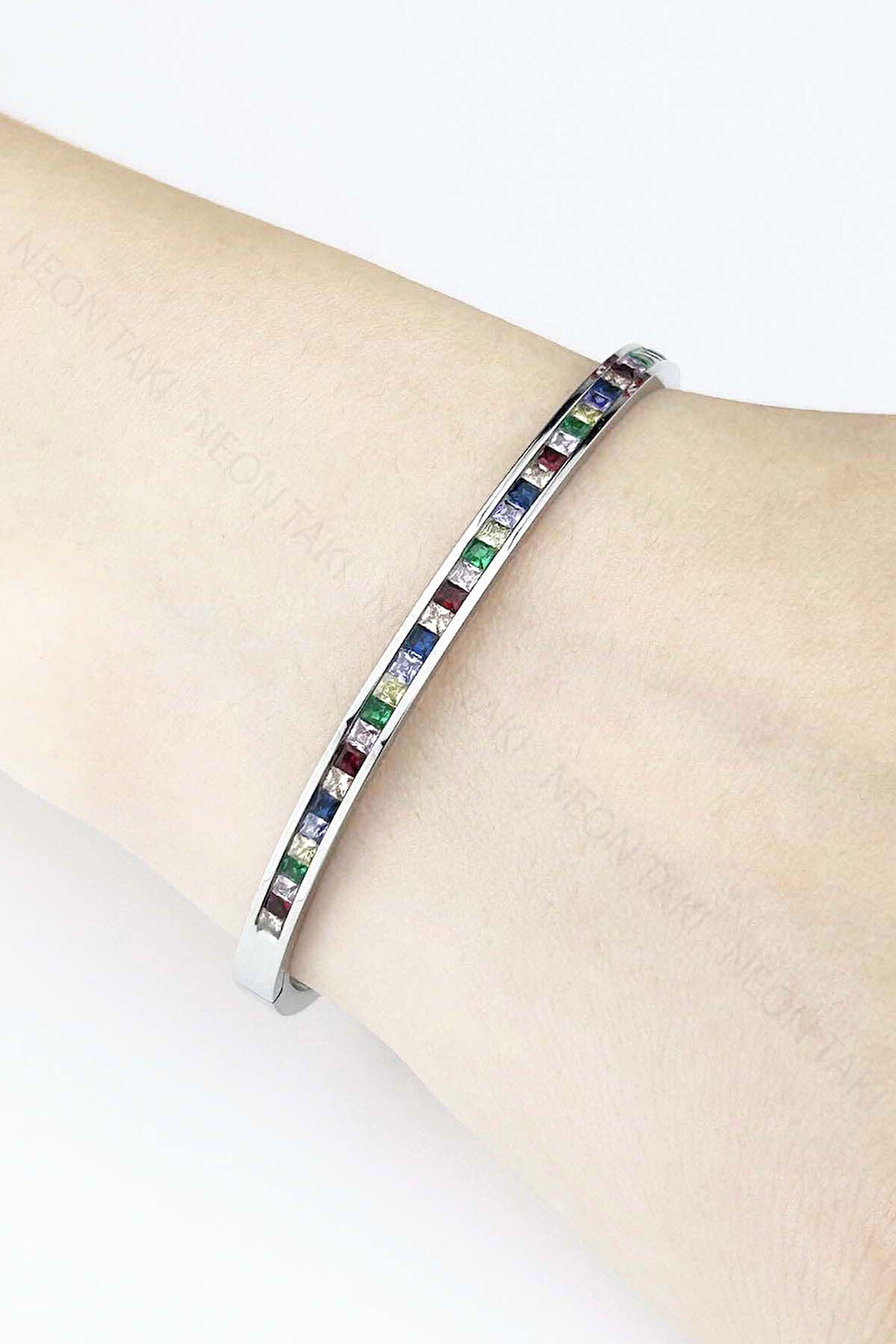 Zirkon Renkli Taşlı, Paslanmaz Çelik Kelepçe 177, Gümüş Renk