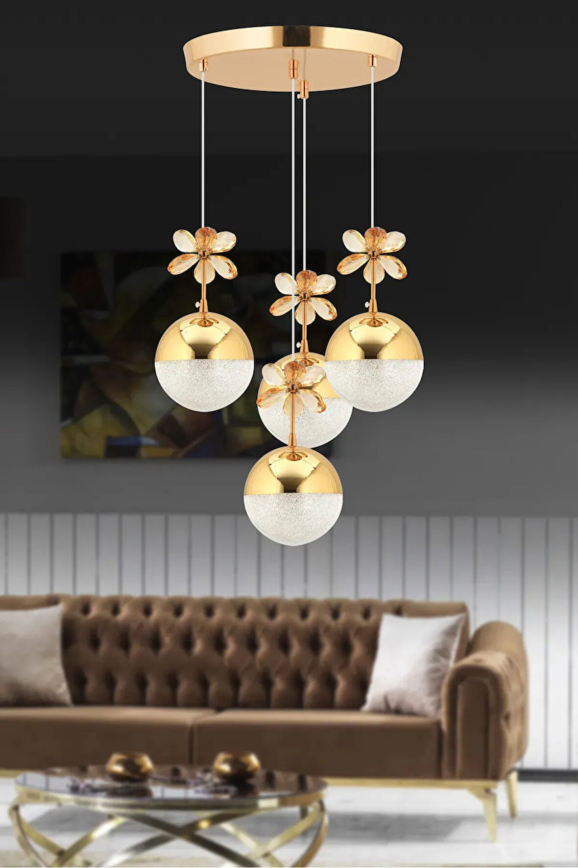 Kelebek 4'lü Gold 3 Renk Kademeli Sarkıt Ledli Kristal Taşlı Led Avize