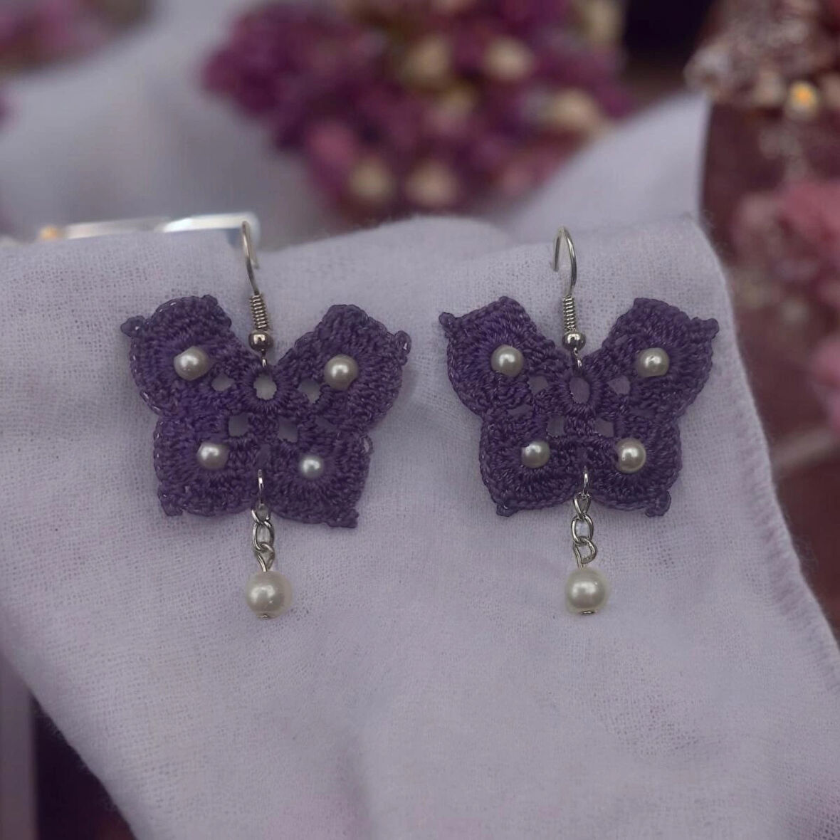 Örgü Etnik Otantik İnci Boncuklu Sallantılı Halka Aesthetic Soft Vintage Hediyelik Kelebek Koyu Mor Renk Küpe