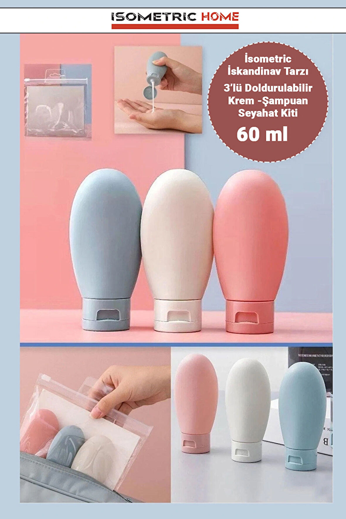 Çok Amaçlı İskandinav Tarz 3'lü Doldurulabilir Çantalı Seyahat Tipi Şişe Seti/ Boş Krem Paketi