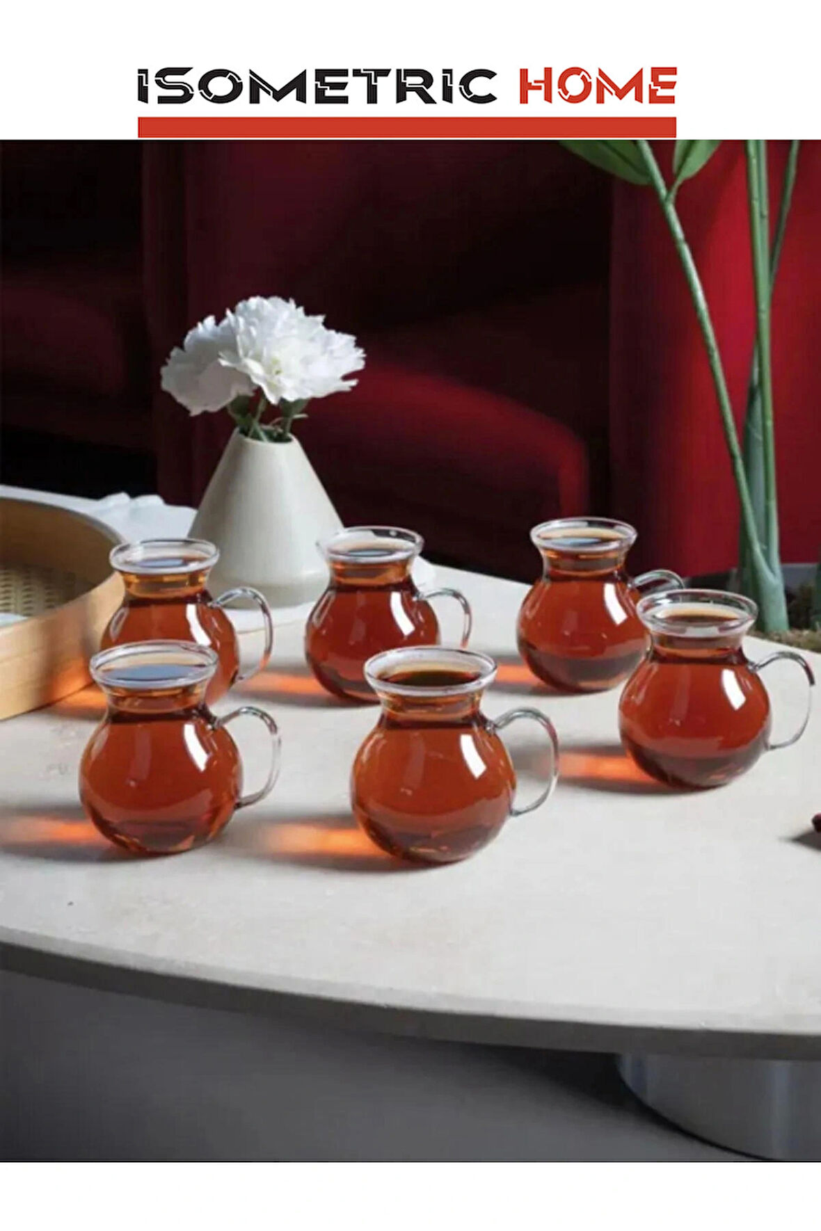 6'lı Keyfi Ala Borosilikat Cam Kulplu Çay Bardağı , Ateşe Temas Edebilen Çay Kupası Bardak