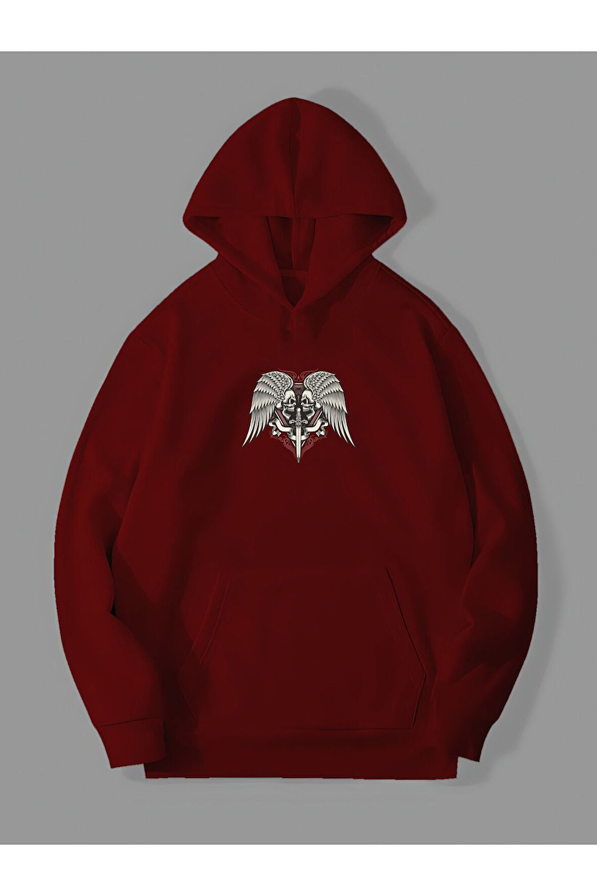 3 İplik Kılıç İskelet Baskılı Kırmızı Kanguru Cepli Kapüşonlu Sweatshirt Hoodie | M