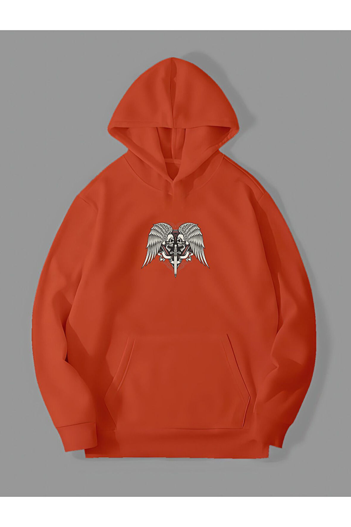 3 İplik Kılıç İskelet Baskılı Kırmızı Kanguru Cepli Kapüşonlu Sweatshirt Hoodie | M