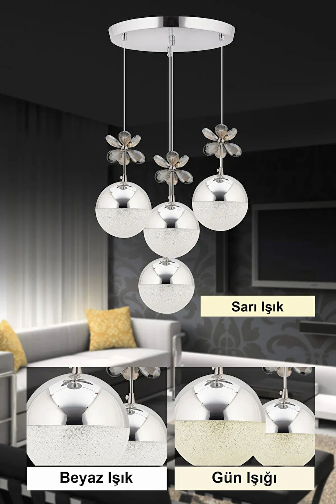 Kelebek 4'lü Gümüş Sarkıt 3 Renk Kademeli Ledli Kristal Taşlı Modern Led Avize