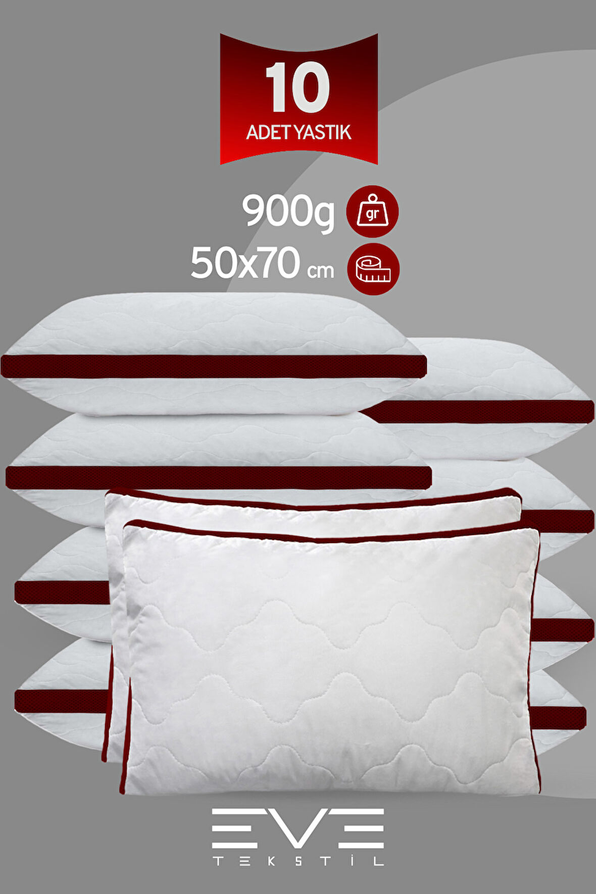 10 Adet Bordo Serisi Kılıflı Fermuarlı Klimali Antialerjik Silikon Nano Elyaf Yastık 50x70cm 