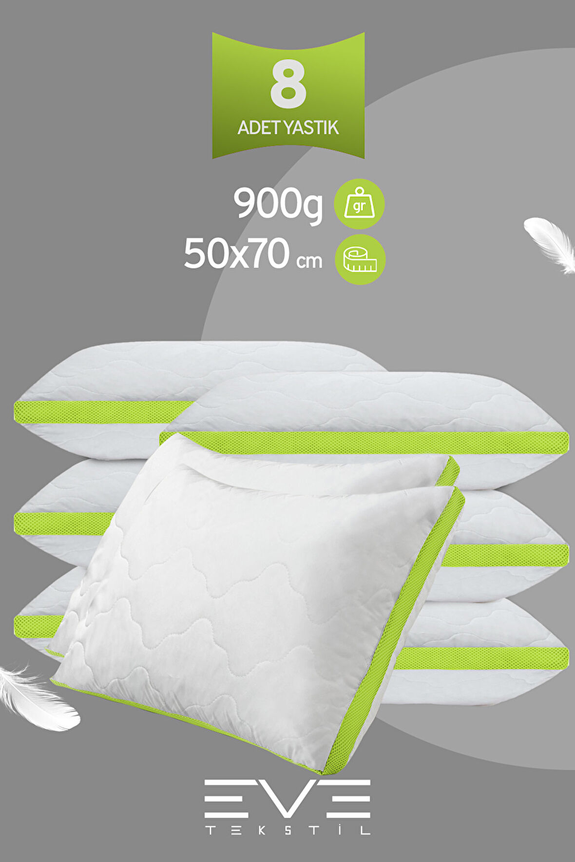 8 Adet Yeşil Serisi Kılıflı Fermuarlı Klimali Antialerjik Silikon Nano Elyaf Yastık 50x70cm 
