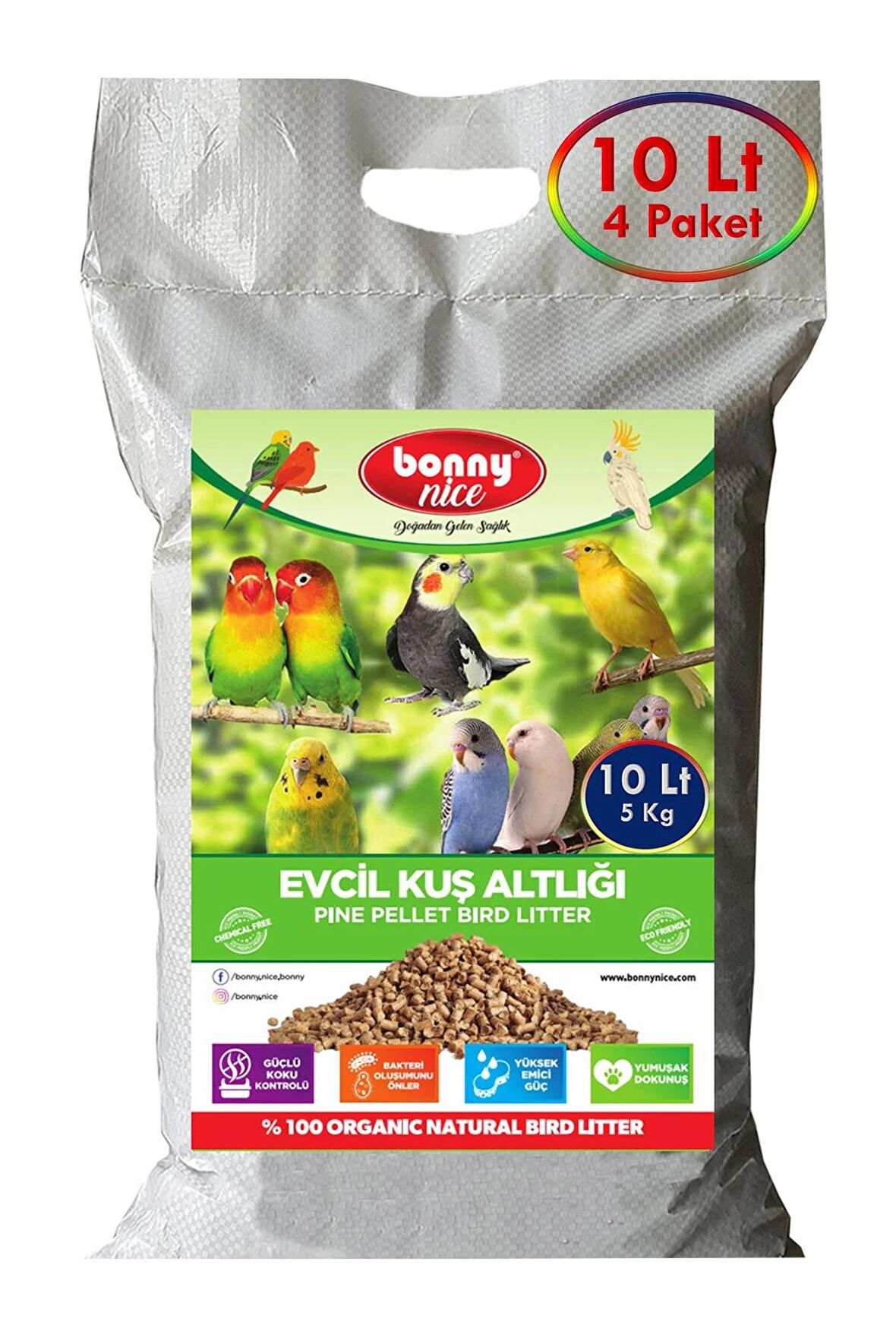 Bonny Nice Doğal Kuş Kumu Çam Pelet Papağan Kuş Kafes Altlığı 5 Kg 10 Lt (4 Adet)