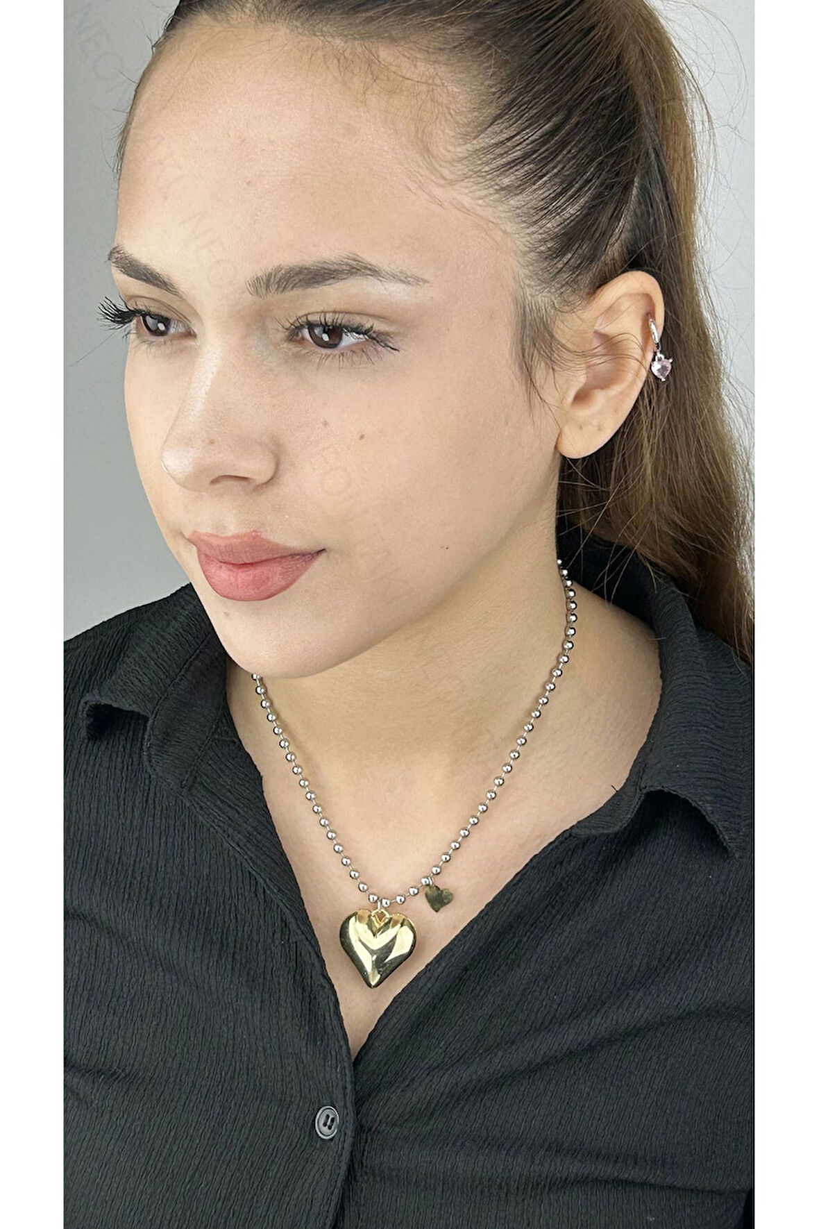 Xxx Çift Renk, Kalp, Top Zincir, Paslanmaz Çelik Kolye 102, Zincir Gümüş Renk