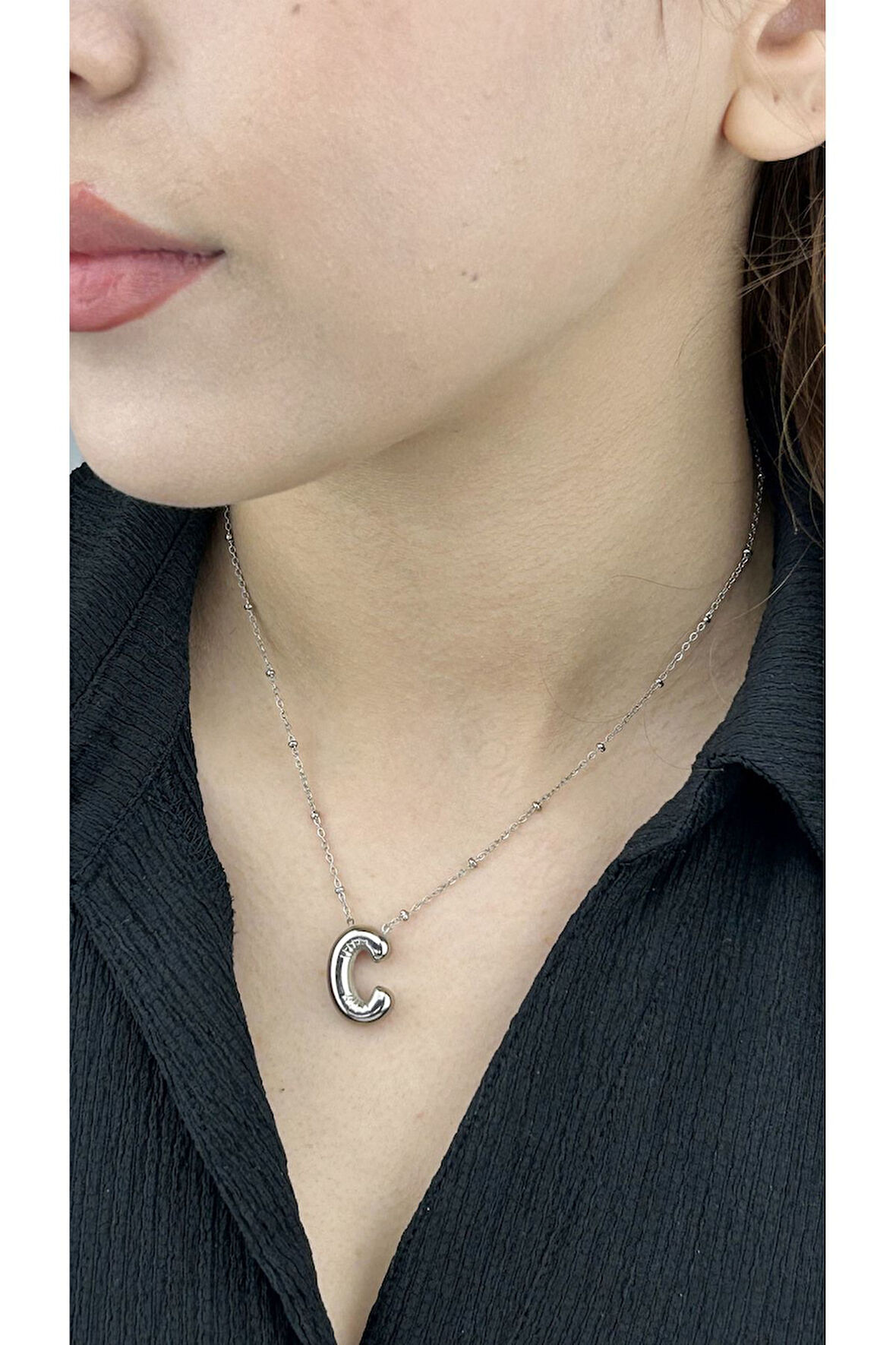 C Harfi, Balon Formlu, Paslanmaz Çelik Kolye 129, Gümüş Renk