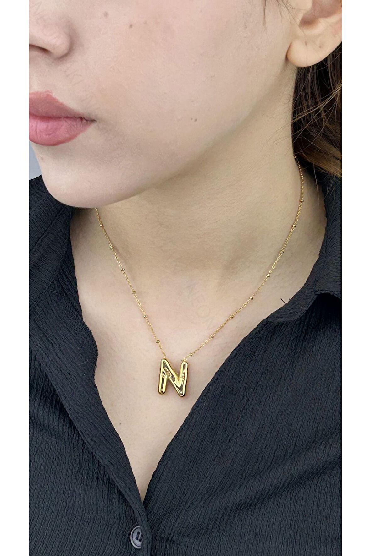 N Harfi, Balon Formlu, Paslanmaz Çelik Kolye 152, Altın Renk