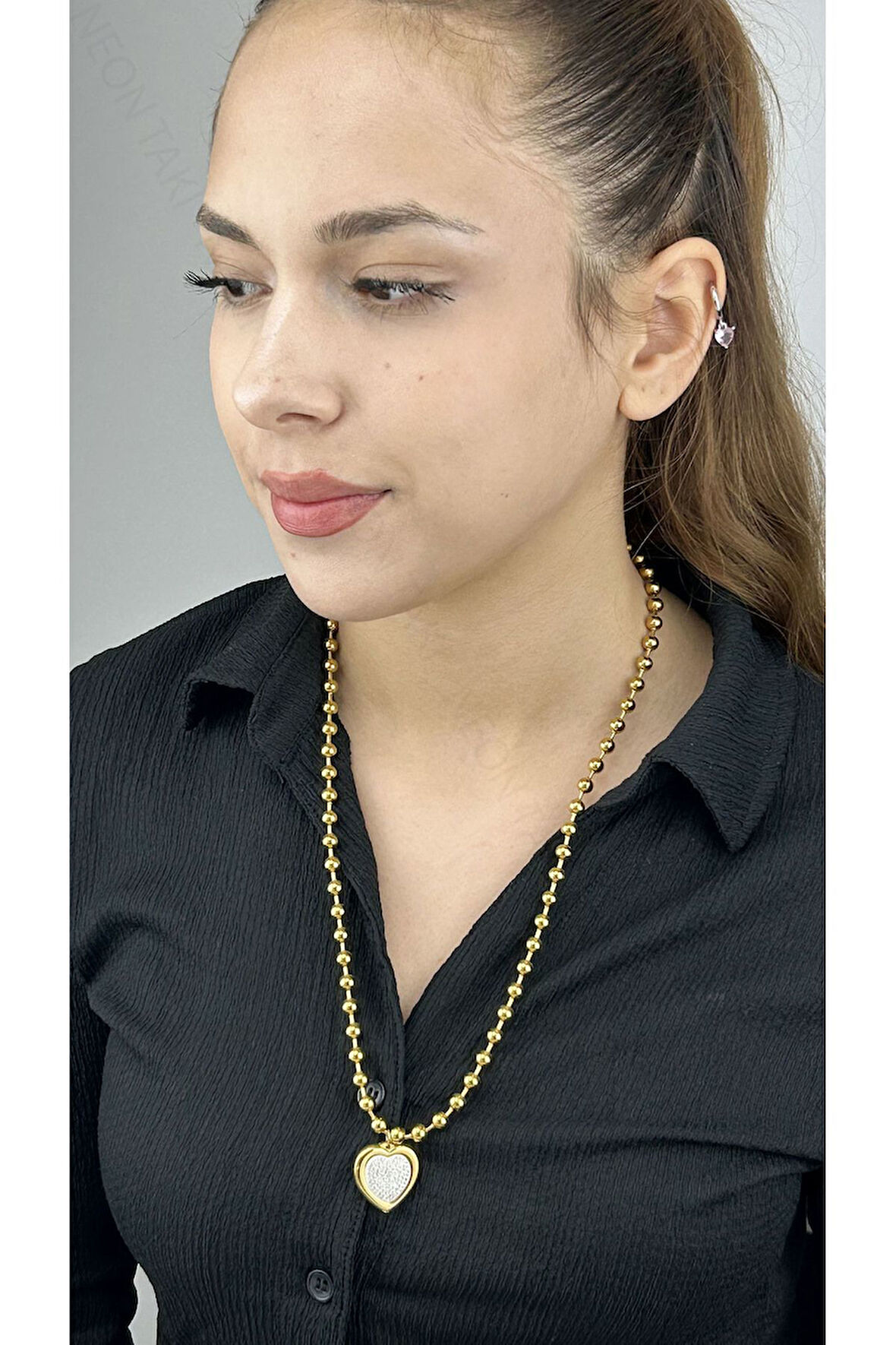 Xxx Top Zincirli, Sedefli Kalpli, Paslanmaz Çelik Kolye 232, Altın Renk