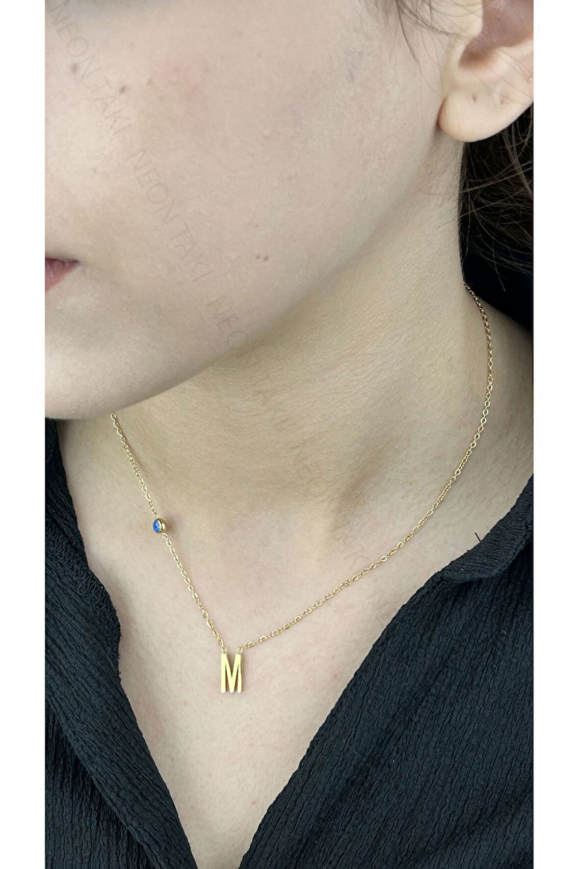 M Harfli, Nazar Figürlü, Paslanmaz Çelik Kolye 280, Altın Renk