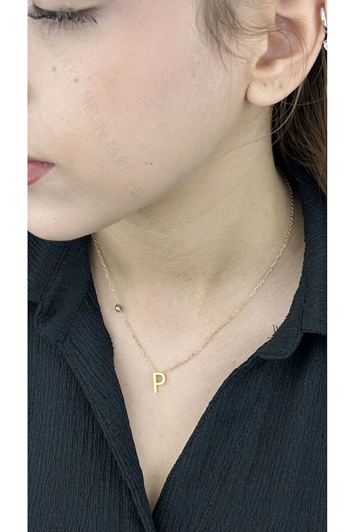 P Harfli, Nazar Figürlü, Paslanmaz Çelik Kolye 283, Altın Renk