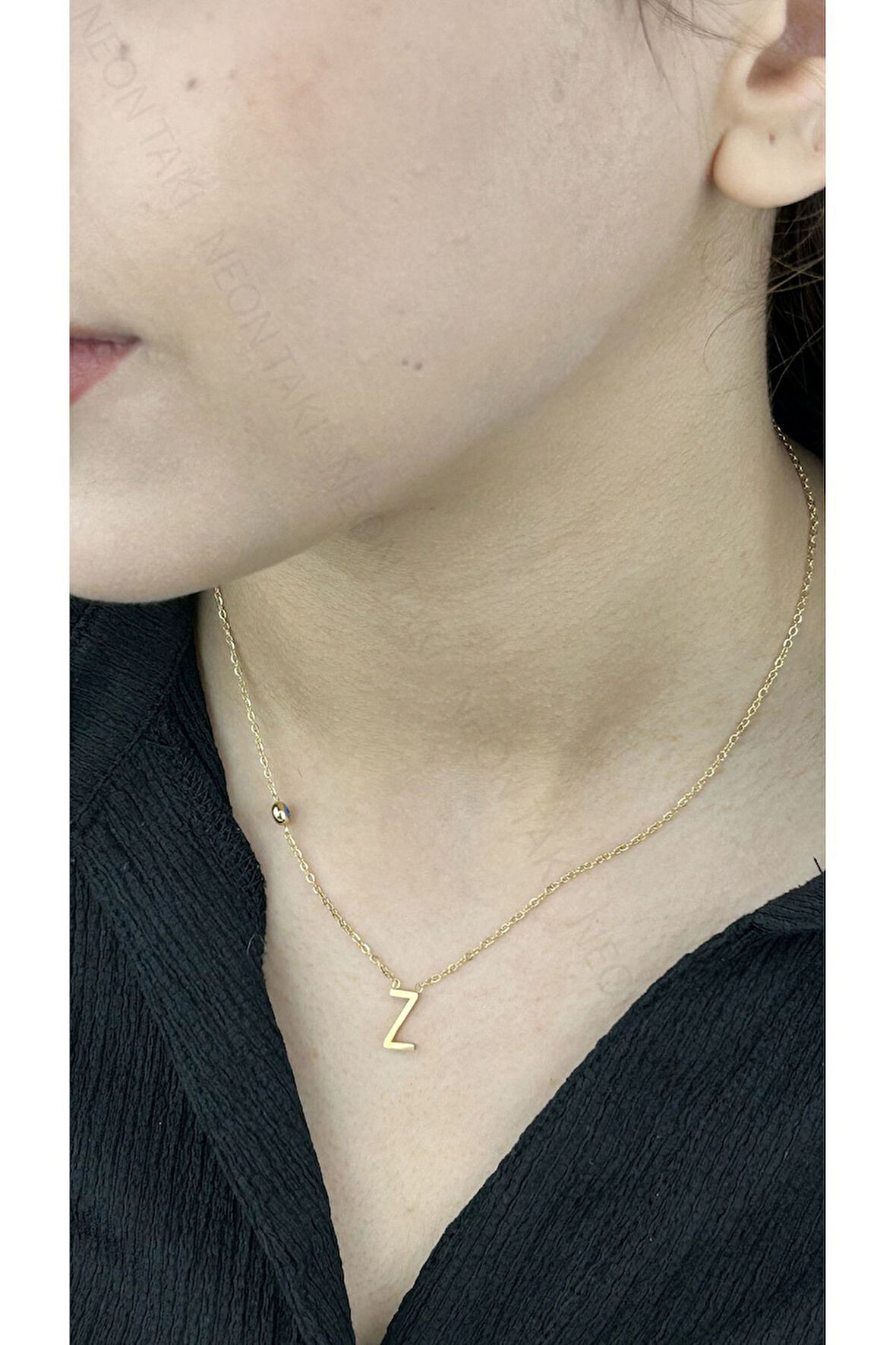 Z Harfli, Nazar Figürlü, Paslanmaz Çelik Kolye 288, Altın Renk