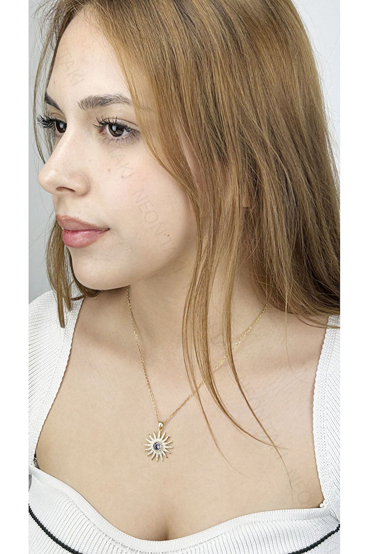 Zirkon Taşlı, Yıldız Figürlü, Paslanmaz Çelik Kolye 324, Altın Renk