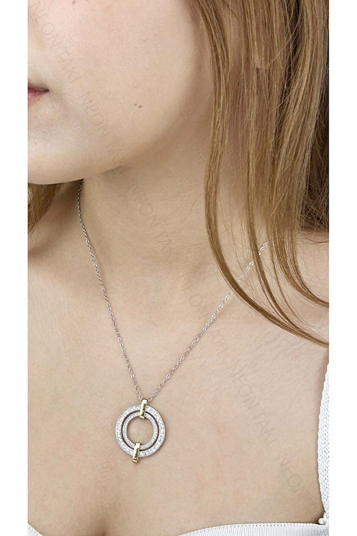 Zirkon Taşlı, Halka Model, Paslanmaz Çelik Kolye 337, Gümüş Renk